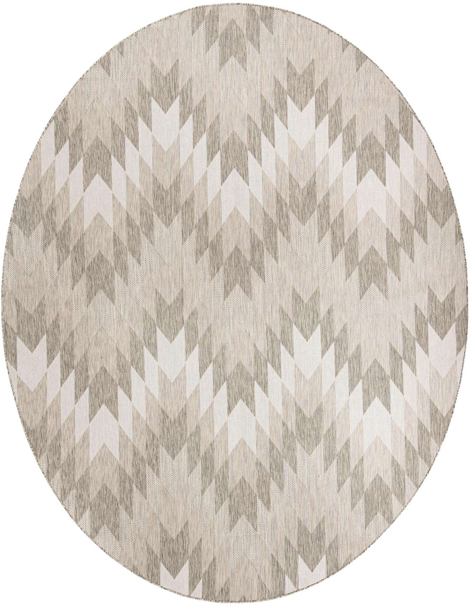 A 12' round gray and silver tribal pattern rug with a flatweave texture, suitable for indoor or outdoor use.
