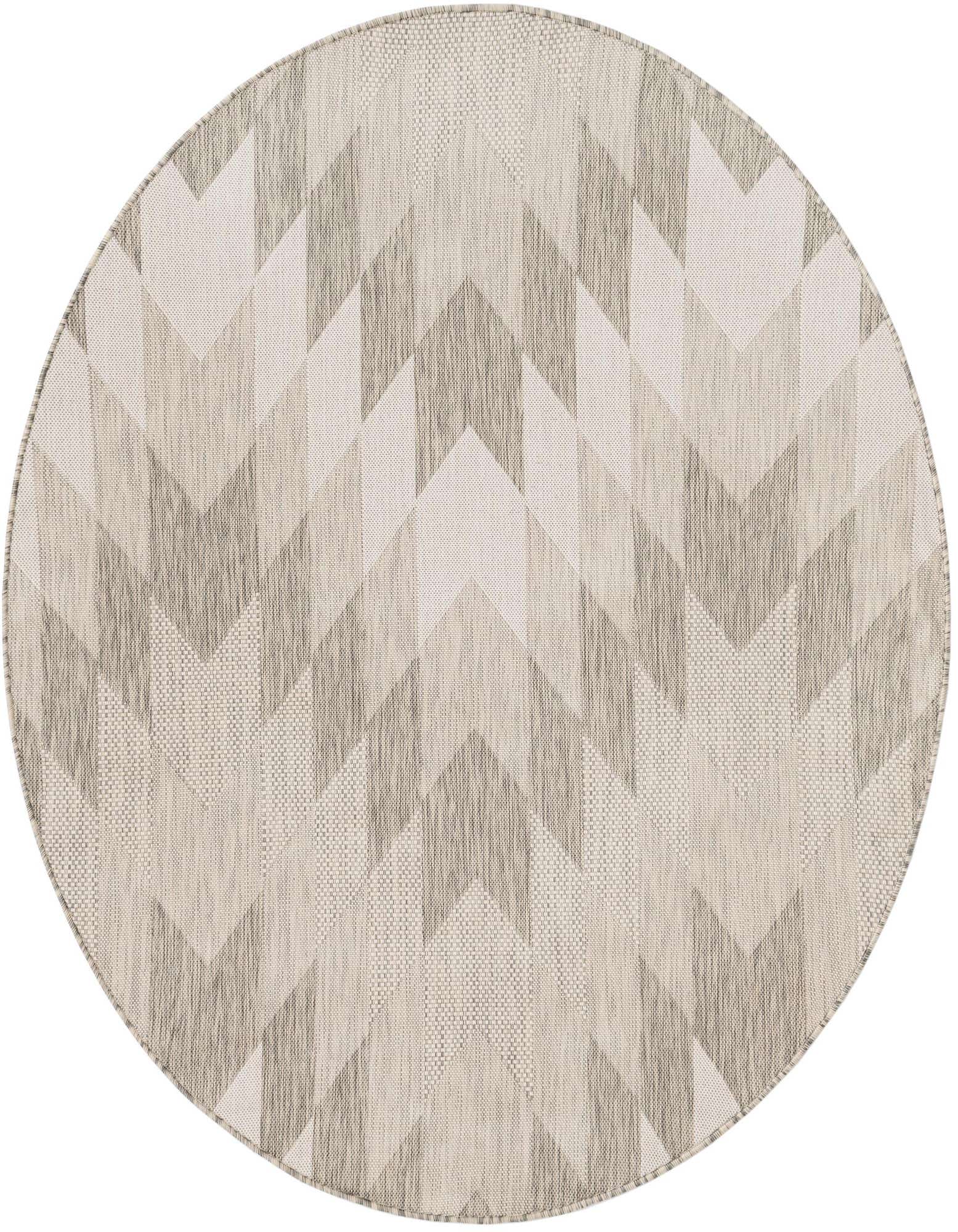 A round 6' 0 x 6' 0 gray and silver tribal pattern rug, ideal for indoor or outdoor use.