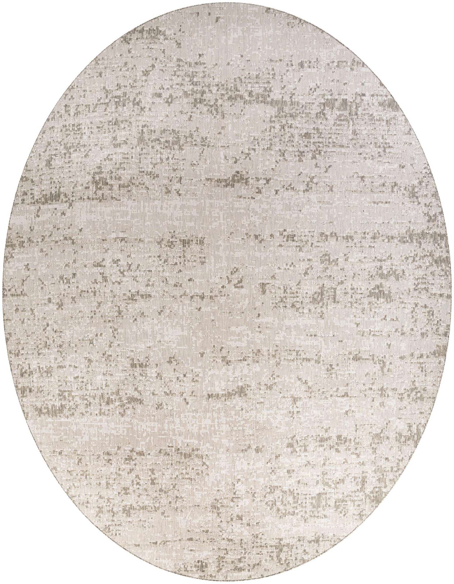 A large 13' round gray and silver abstract rug with a textured flatweave pattern, suitable for indoor or outdoor use.