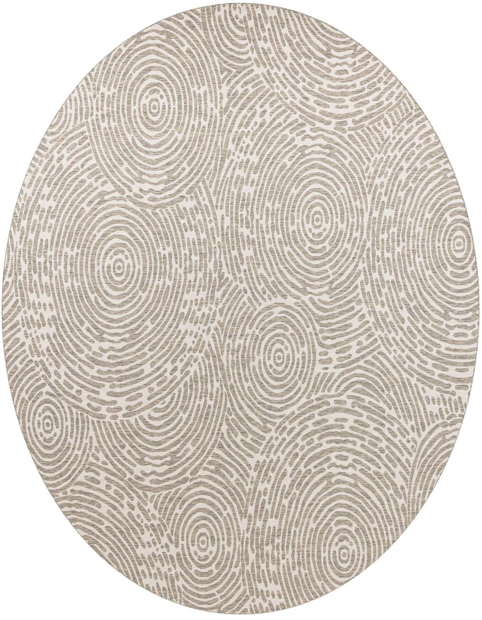 A 13' round gray modern indoor/outdoor rug with a textured circular pattern, ideal for a patio.