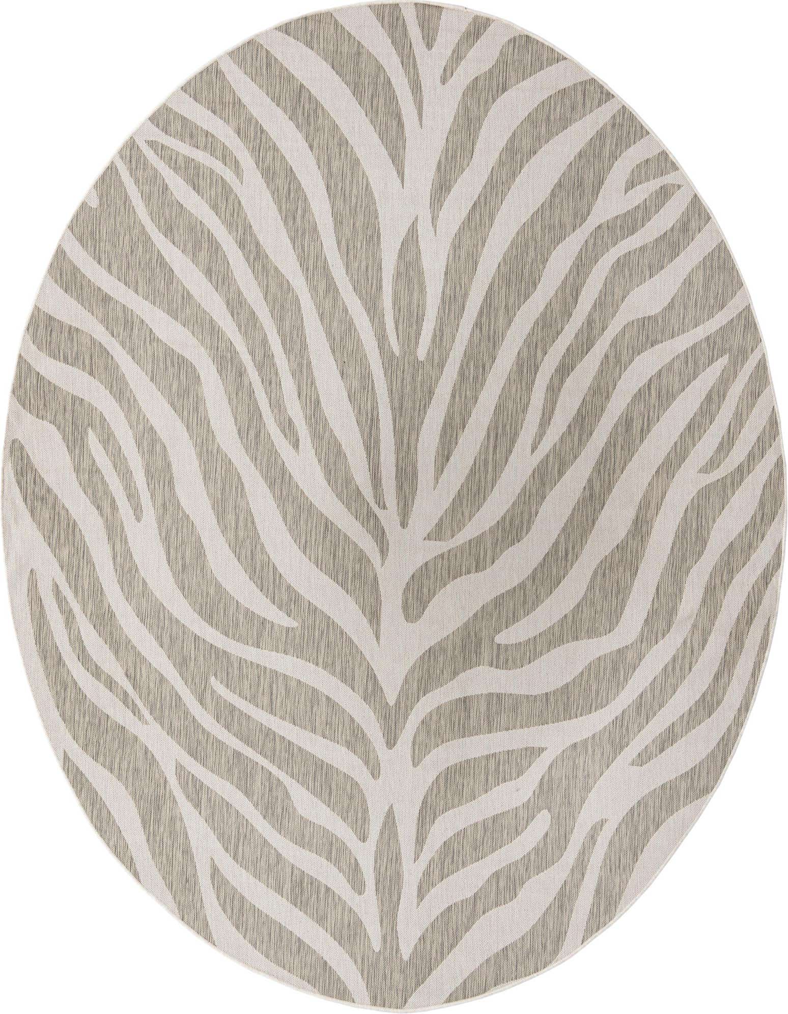 A 10-foot round gray and silver modern striped rug, suitable for indoor or outdoor use on a patio.