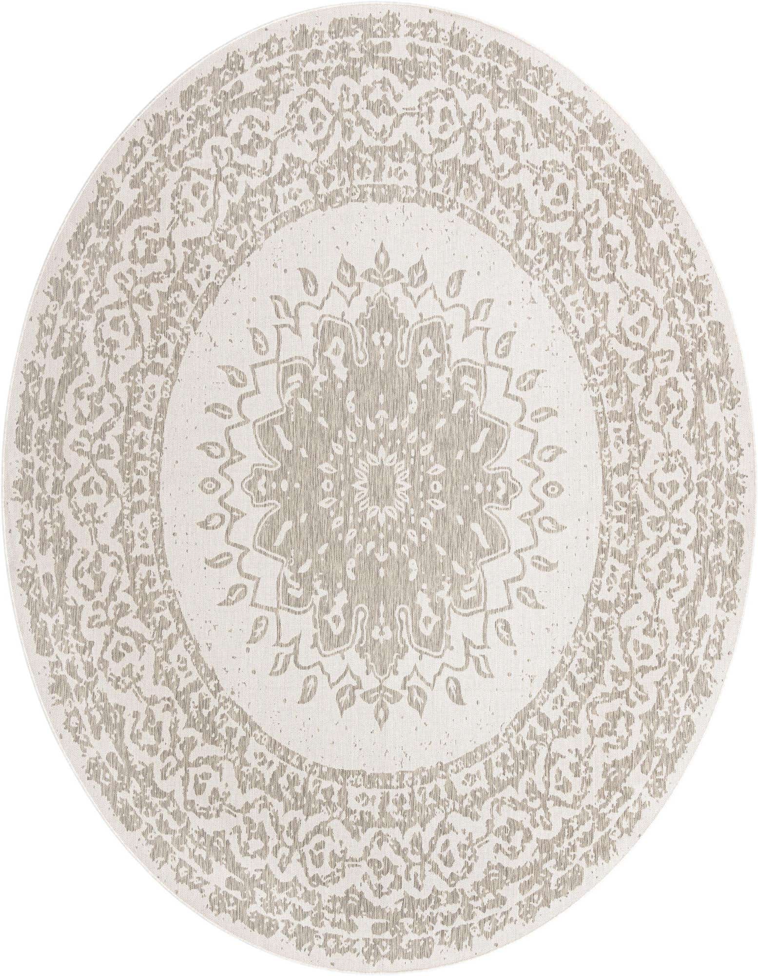 A large round gray and silver medallion rug with a traditional pattern, suitable for indoor or outdoor use.