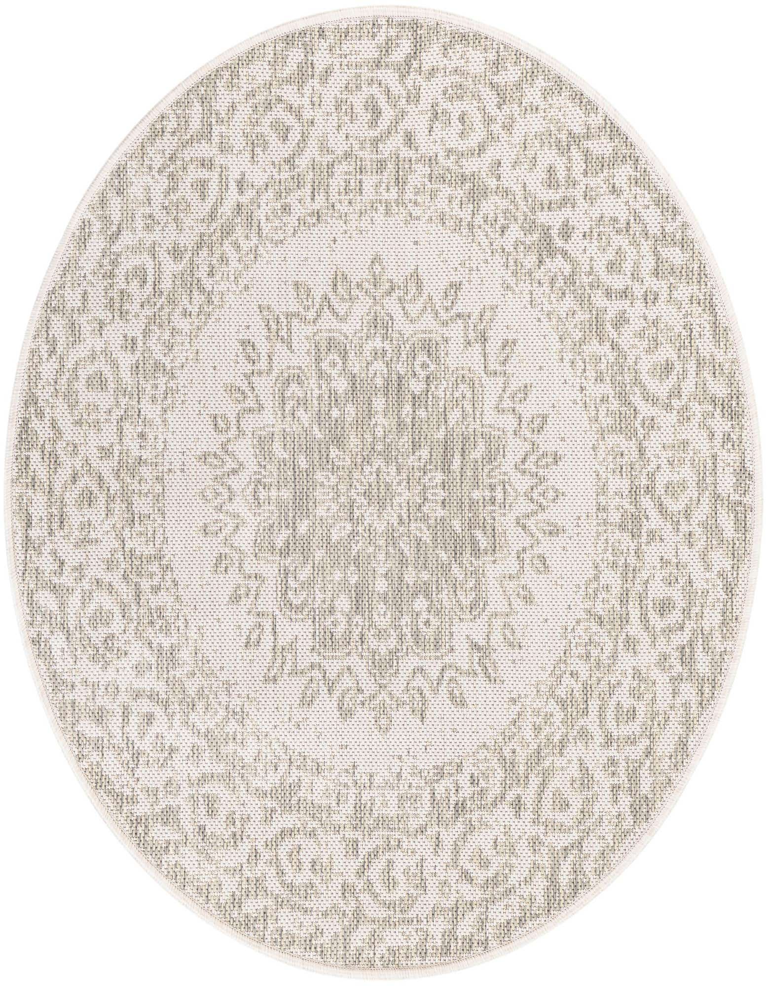 Round gray and silver traditional medallion rug with a flatweave texture, suitable for indoor or outdoor use.