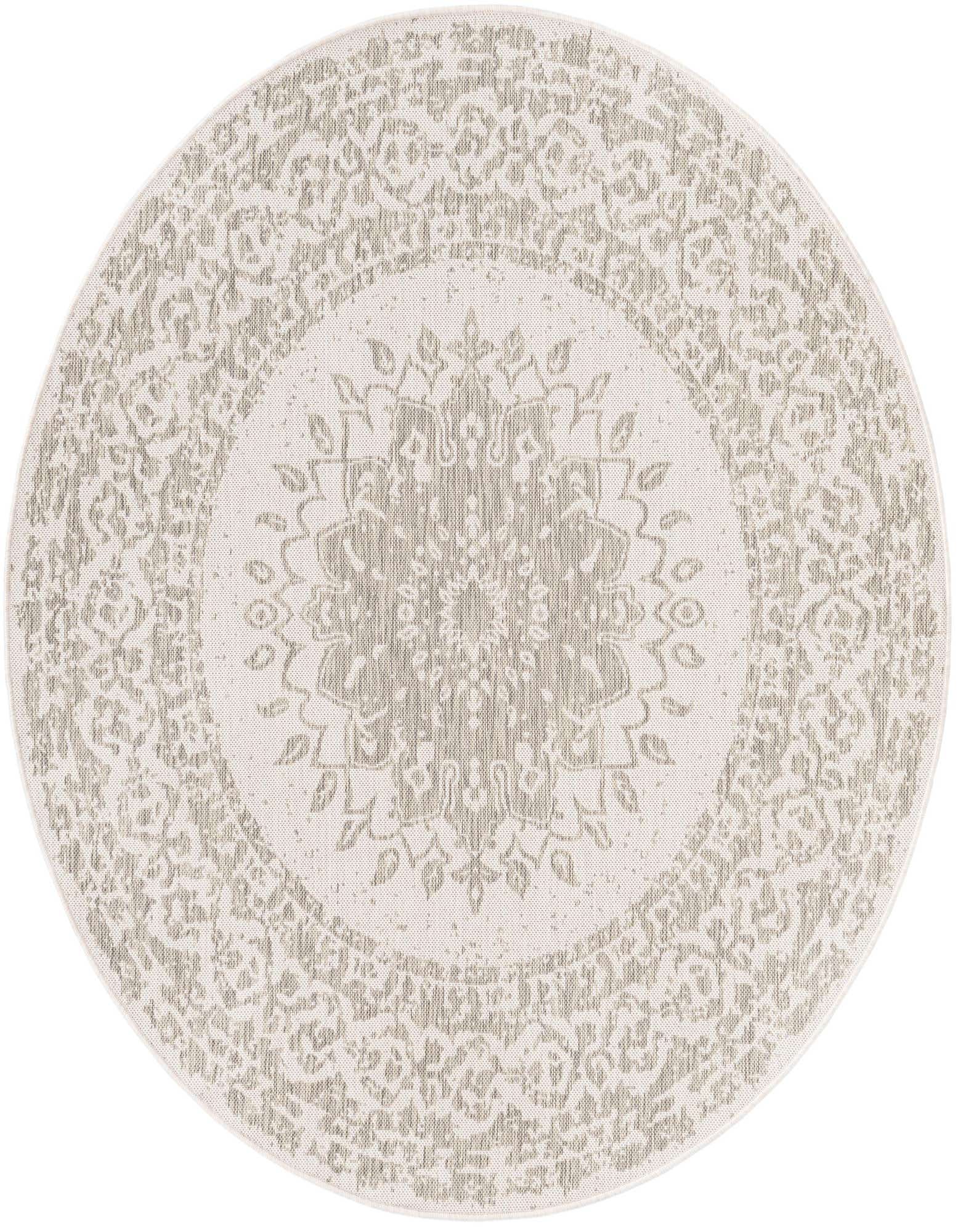 A 6' round gray and silver medallion rug with a vintage pattern, suitable for indoor or outdoor use.
