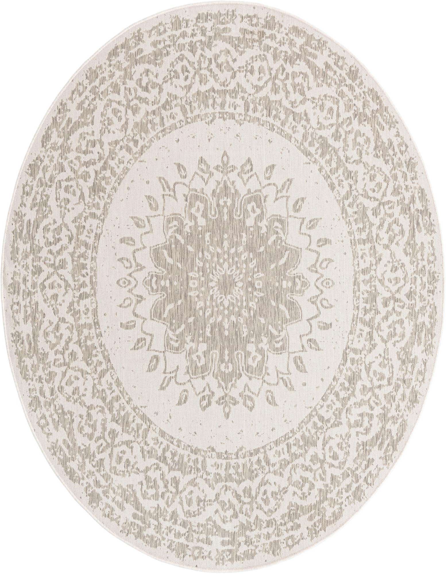 A 7' 10 round gray and silver medallion rug with a textured flatweave, suitable for indoor or outdoor use.