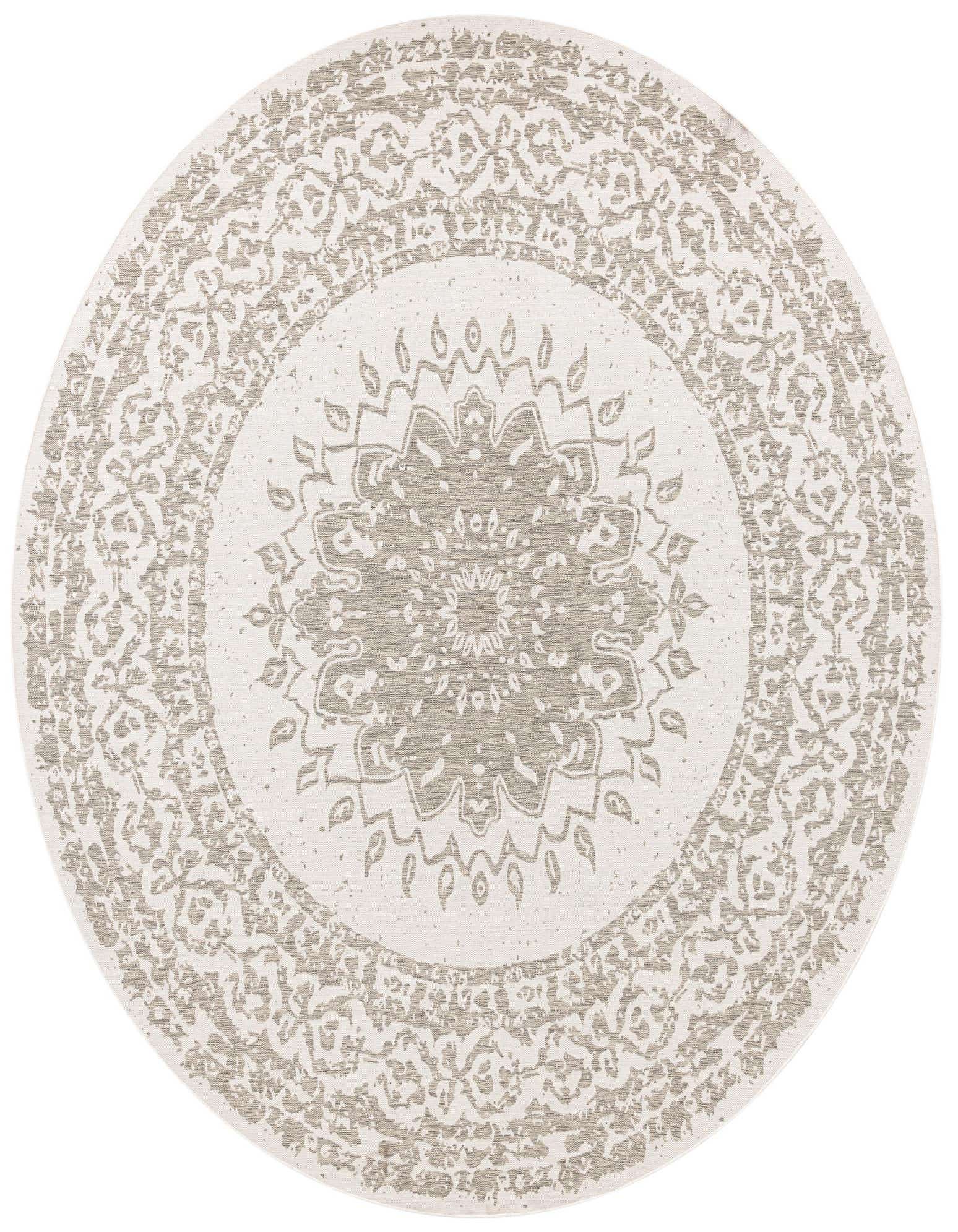 A round 13' gray and silver modern rug with a large central medallion and intricate border pattern.