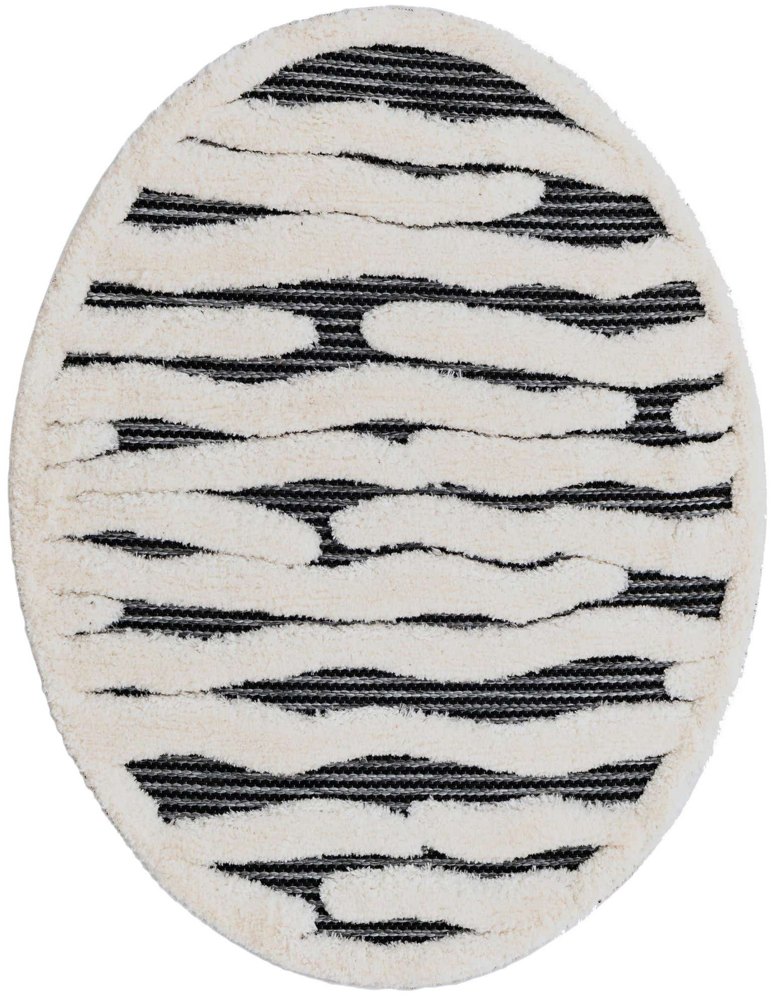 A round, gray and off-white rug with a textured, abstract striped pattern, ideal for a modern living space.
