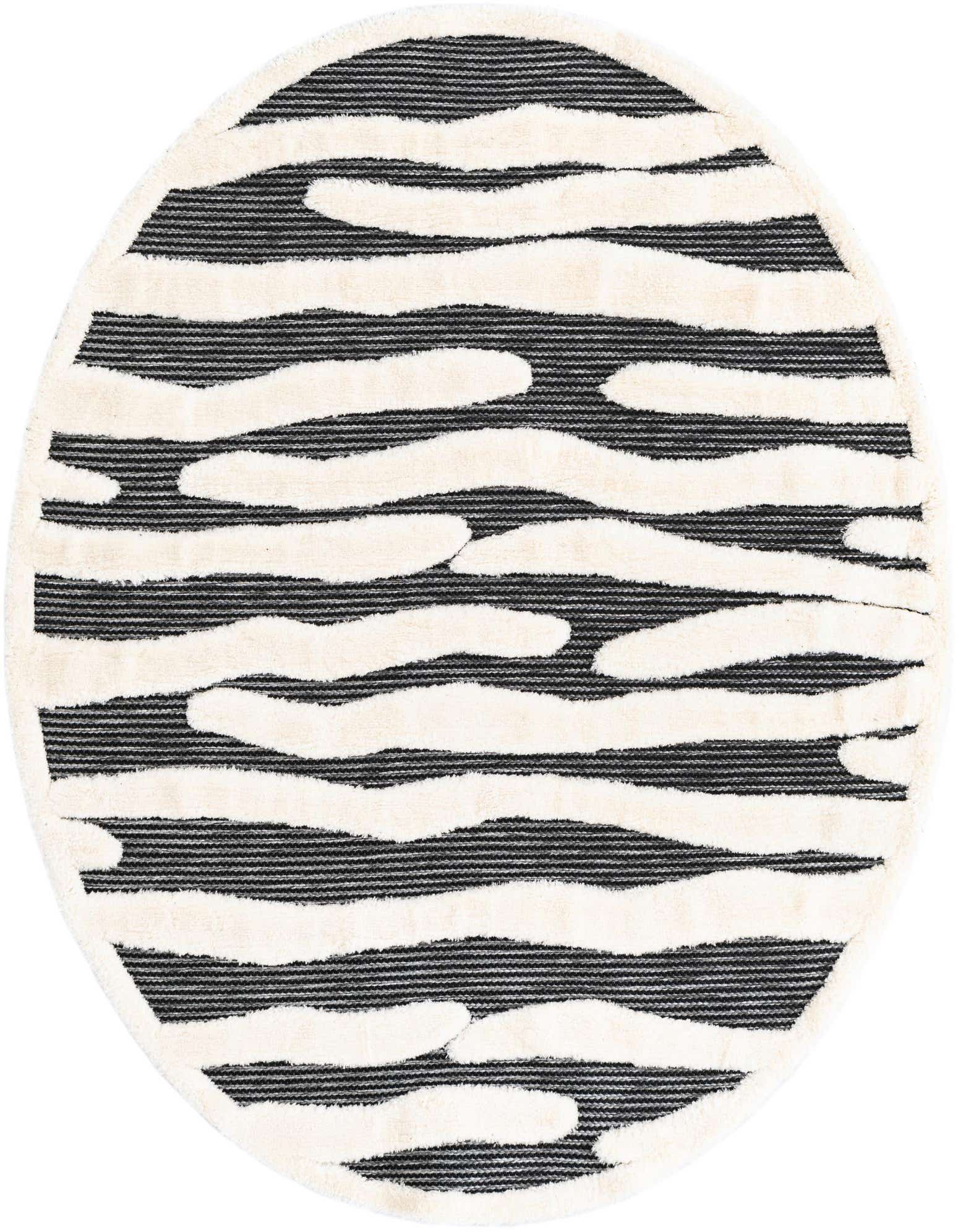 A 6' round gray and ivory rug with a textured abstract striped pattern, ideal for a living room or bedroom.