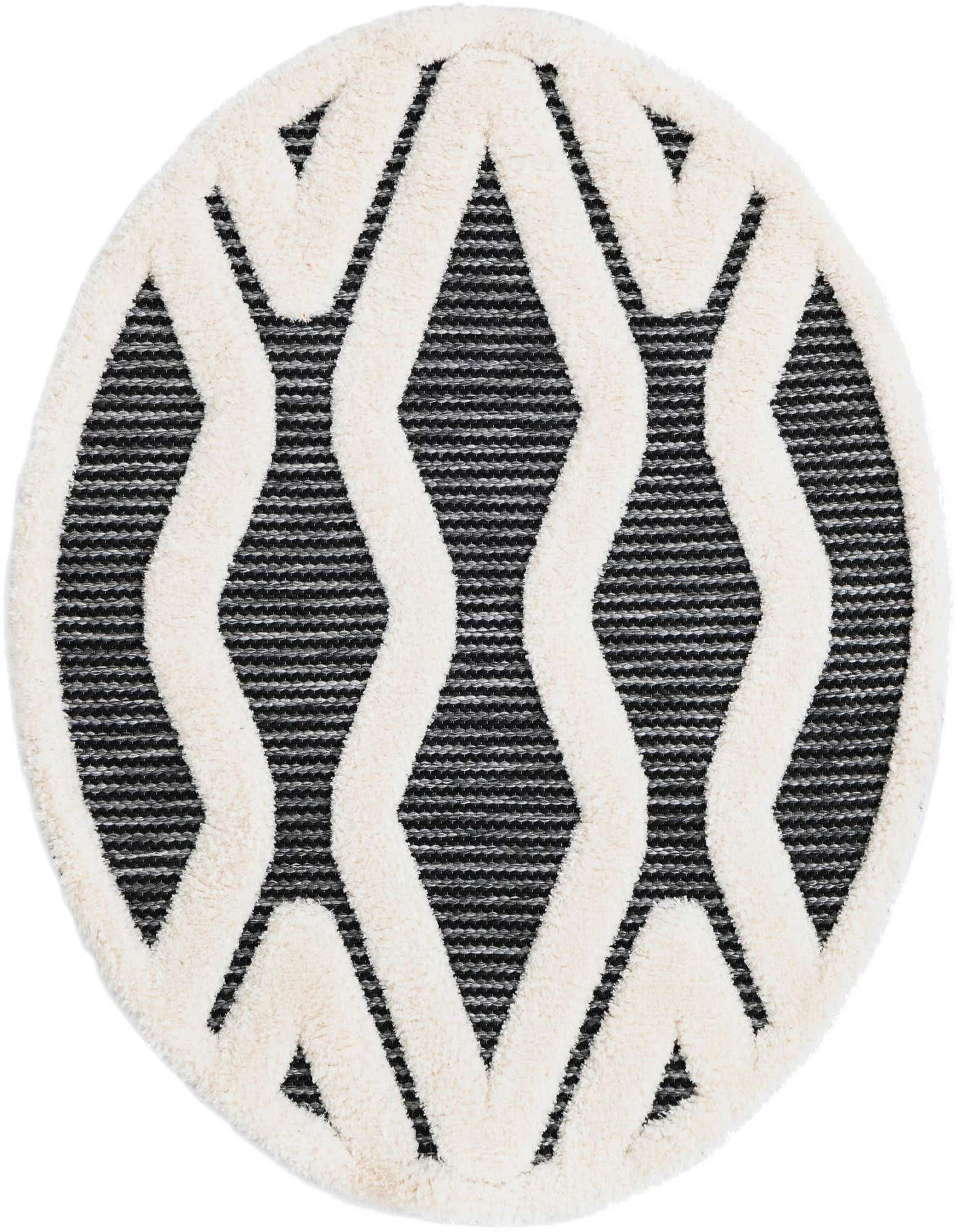 A 3' round gray and ivory rug with a bold, textured geometric pattern, ideal for a modern indoor space.