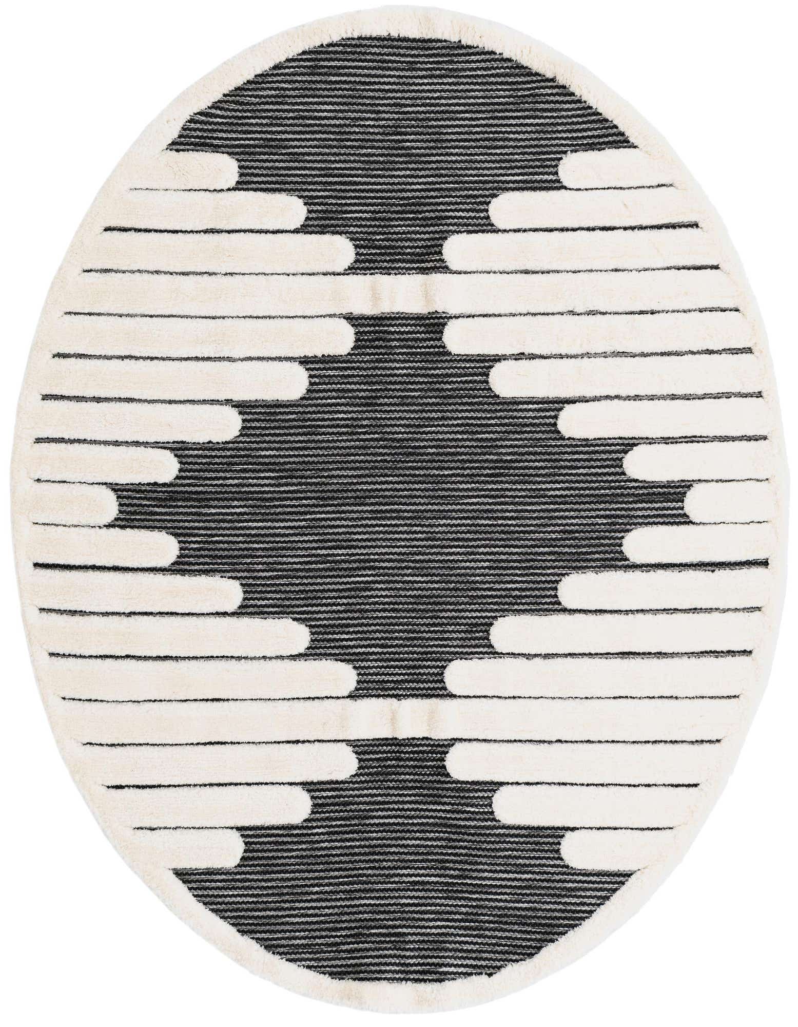 A 6' round gray and ivory rug with a textured geometric pattern, featuring horizontal stripes and rounded shapes.