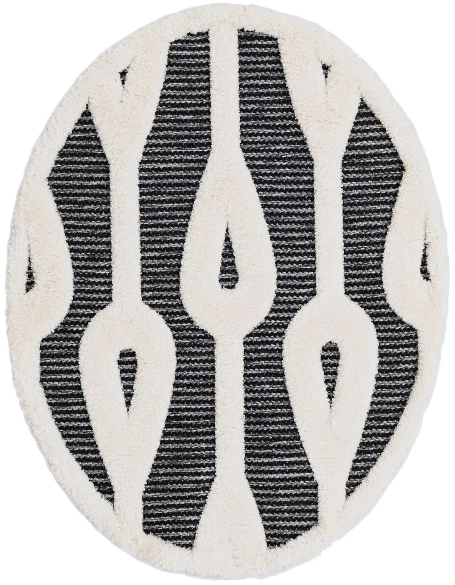 A 3' round gray and white rug with a bold, abstract geometric pattern, featuring a textured pile.