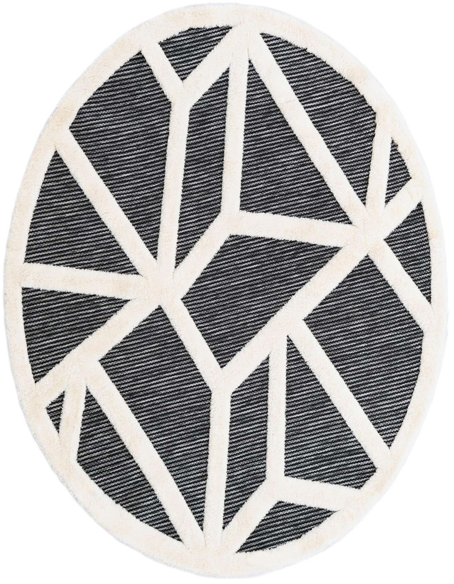 A 6' round gray and ivory rug with a modern geometric pattern, featuring a textured pile.