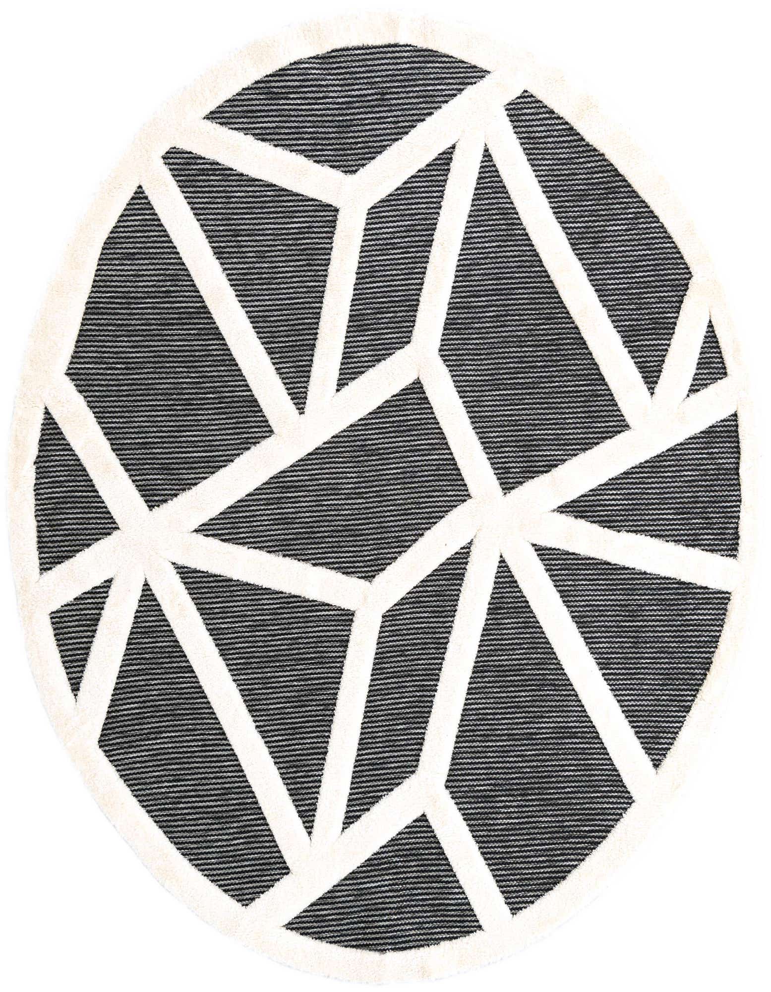 A round gray and white rug with a bold geometric pattern, ideal for a modern living room or patio.