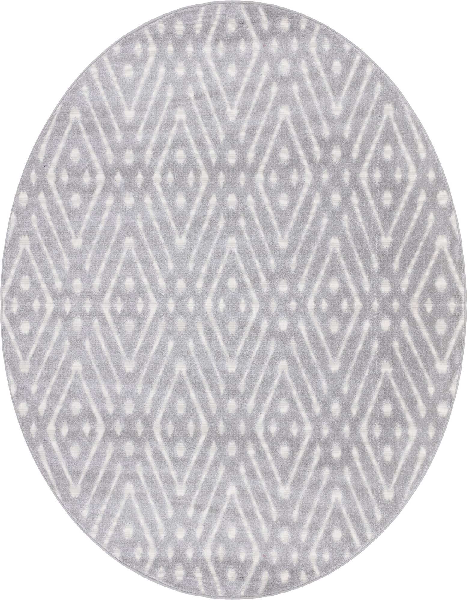 A round 8' gray and white tribal pattern rug, featuring a modern trellis design with textured high/low pile.