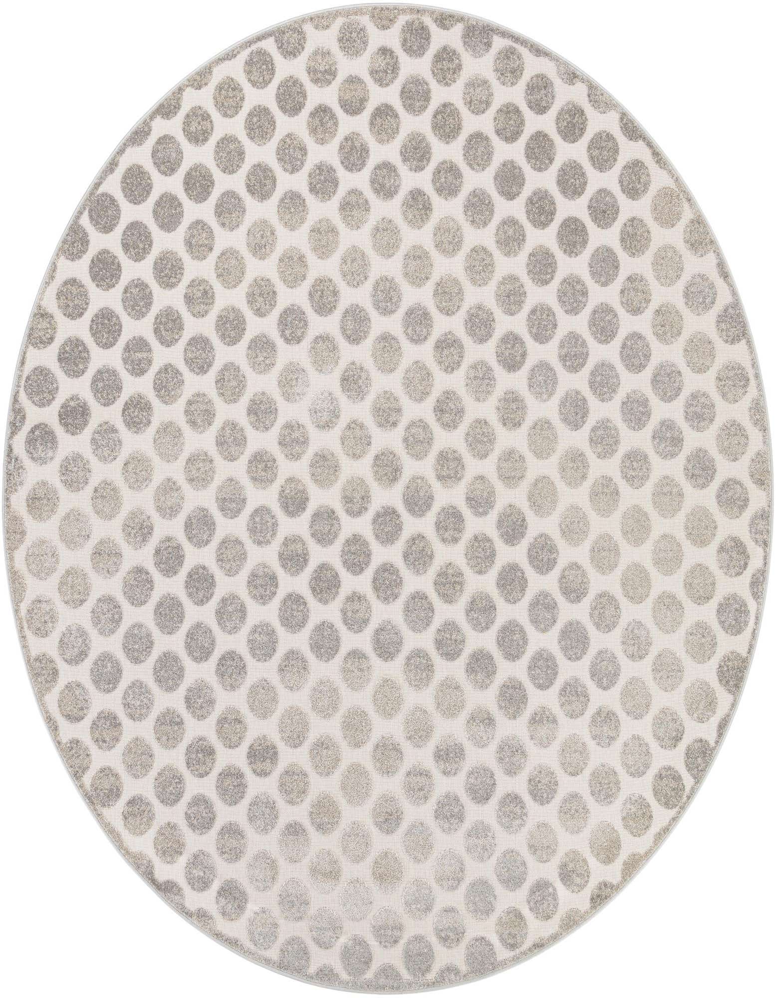 A 10-foot round gray and silver modern rug with a polka dot pattern, suitable for indoor or outdoor use.