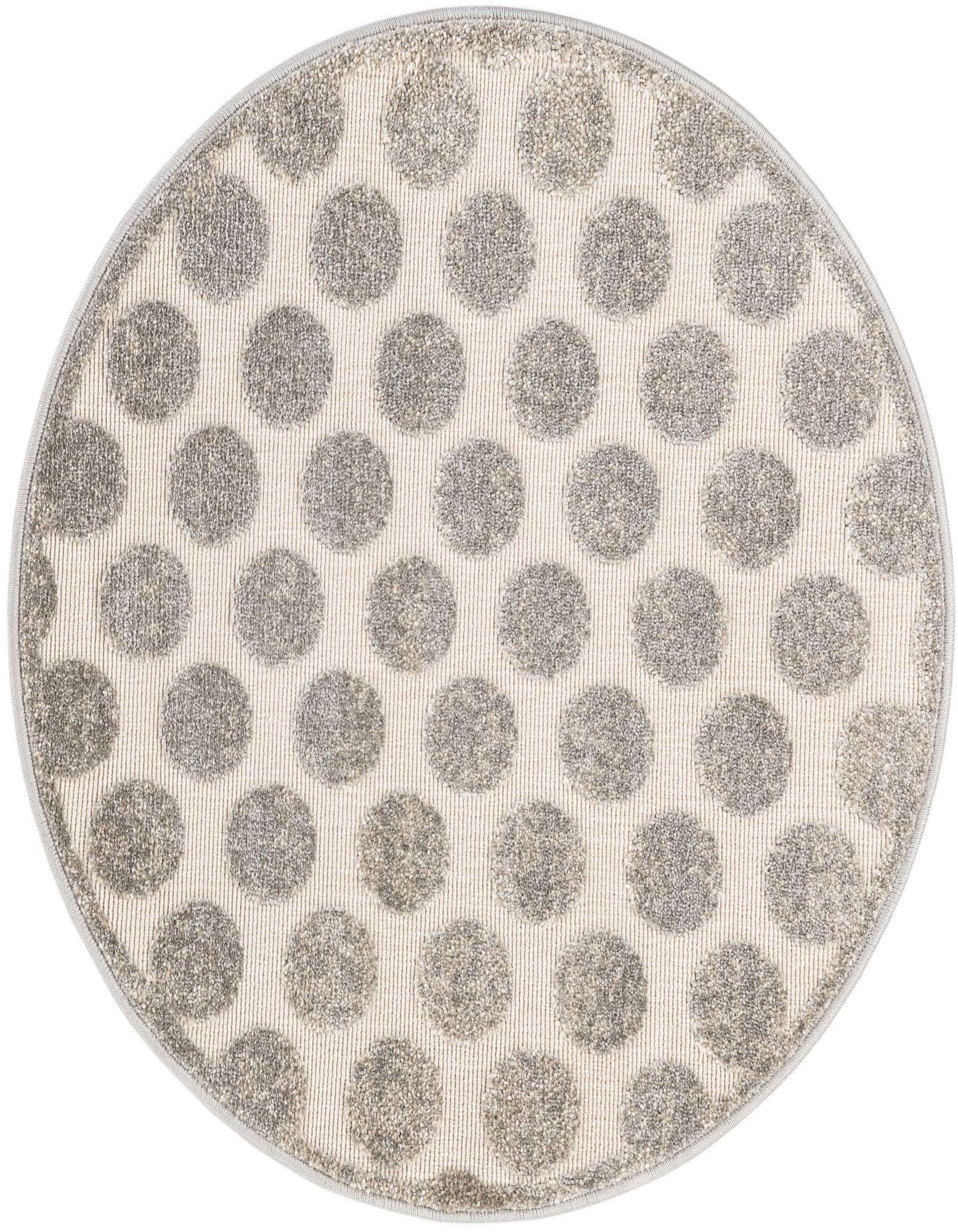 A round 3' gray and silver modern polka dot rug, suitable for indoor or outdoor use.