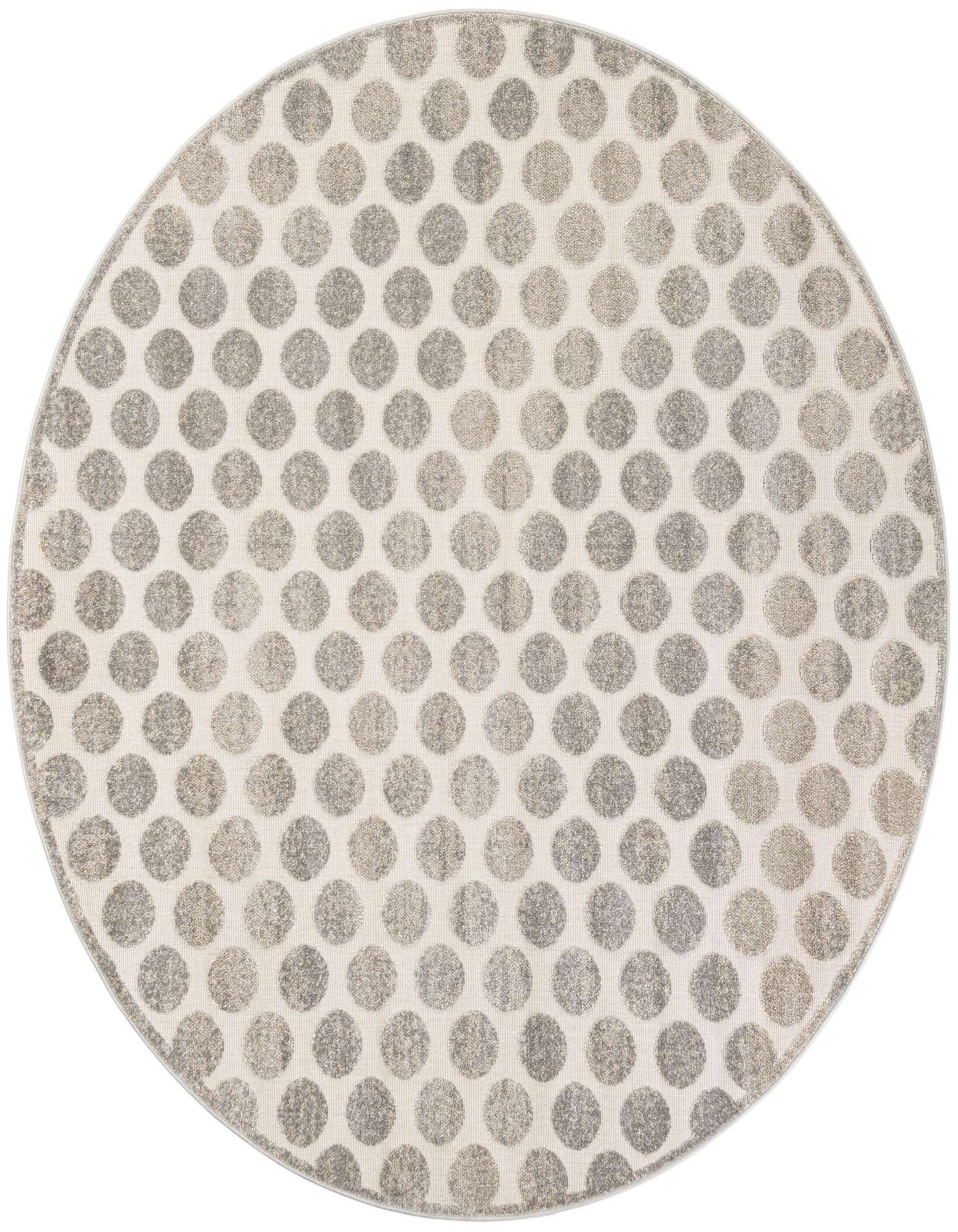 A 7' 10 round gray and silver modern rug with a polka dot pattern, suitable for indoor or outdoor use.