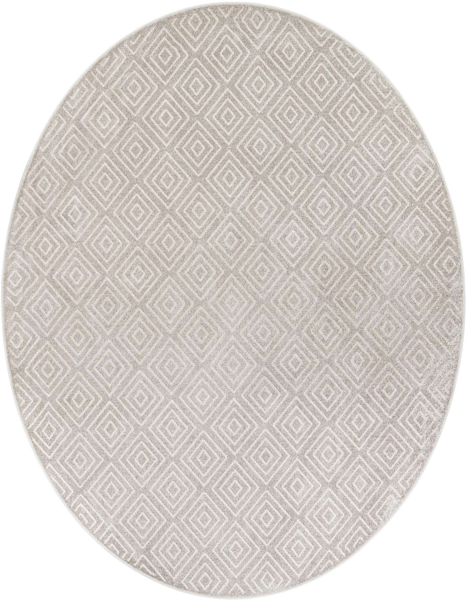A 10-foot round gray modern rug with a repeating diamond pattern, suitable for indoor or outdoor use.