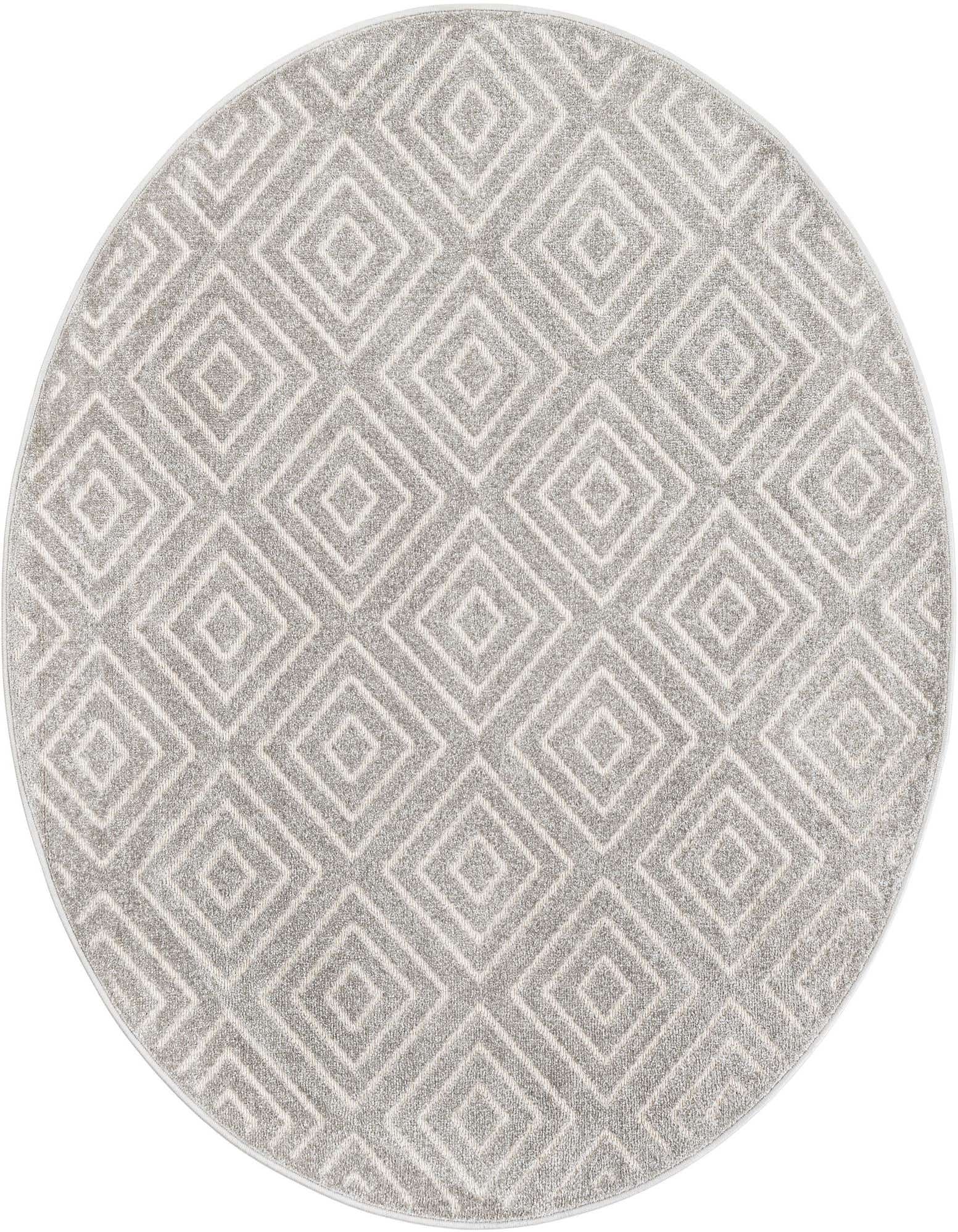A 5' 0 round gray modern indoor/outdoor rug with a repeating diamond pattern, suitable for a patio.
