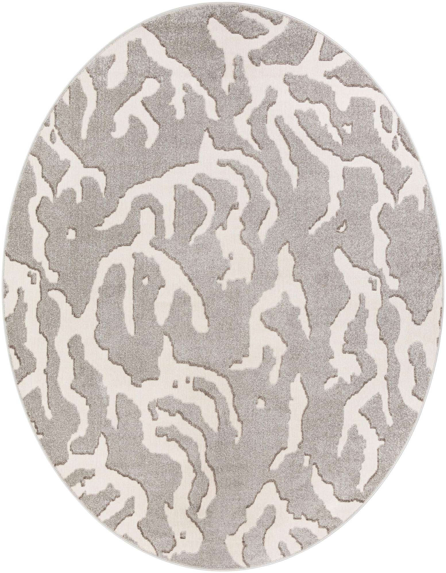A 10-foot round gray and silver modern abstract rug with a textured pile, suitable for indoor or outdoor spaces.