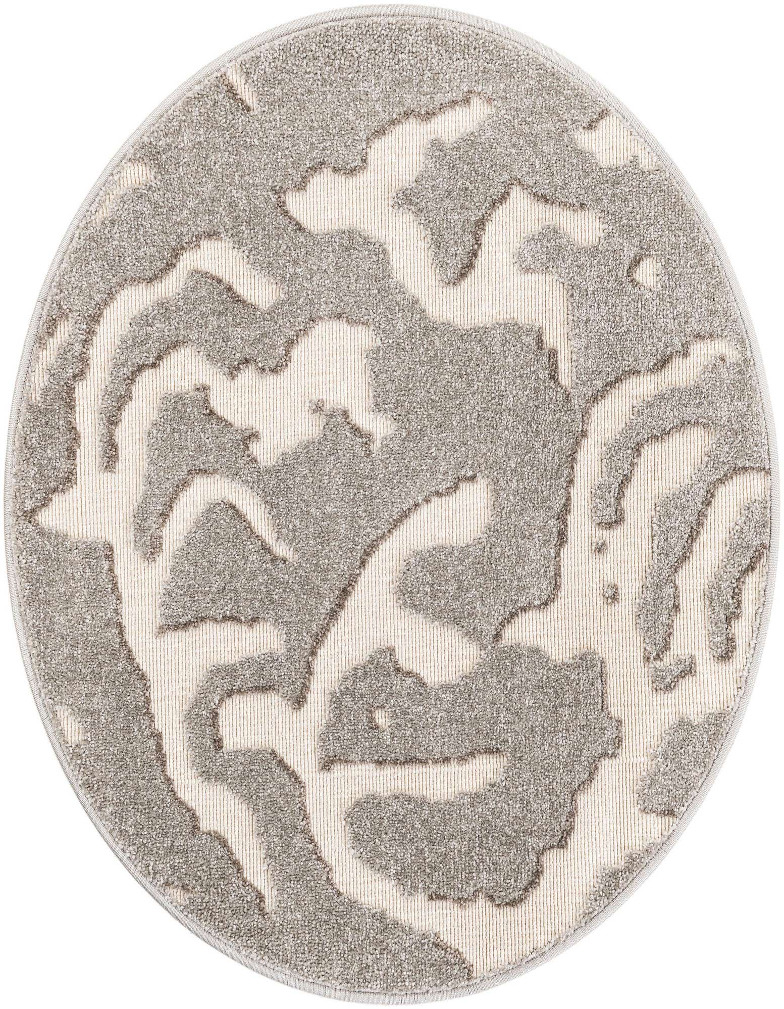 A 3' round gray and silver modern rug with an abstract, organic pattern, suitable for indoor or outdoor use.
