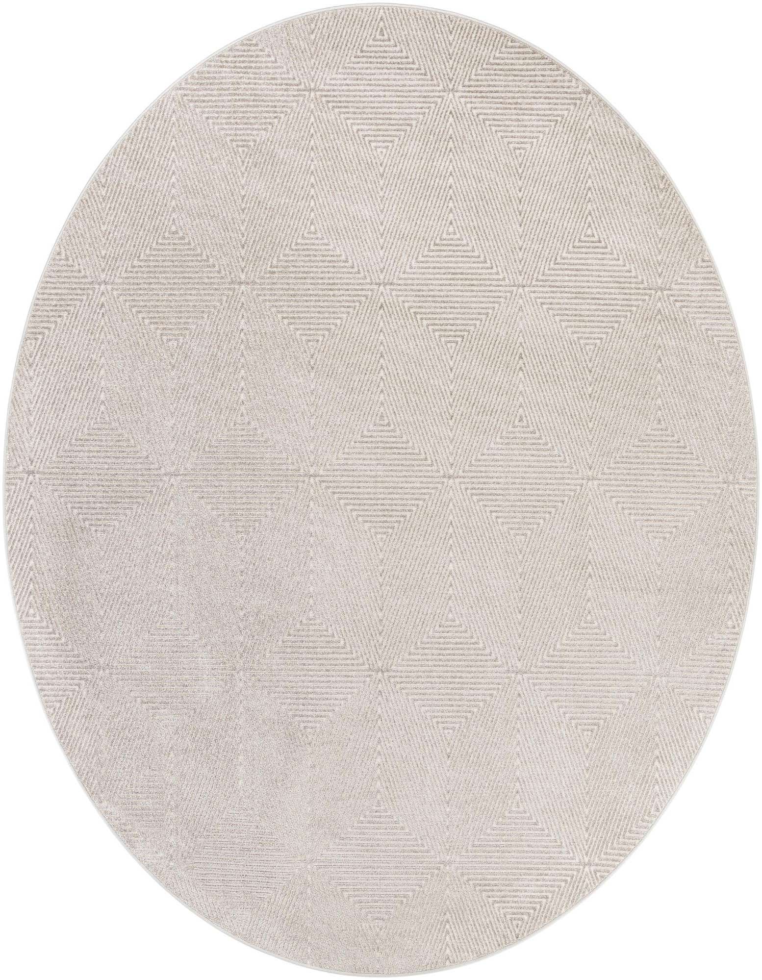A 10-foot round gray modern rug featuring a textured geometric triangle pattern, suitable for indoor or outdoor spaces.