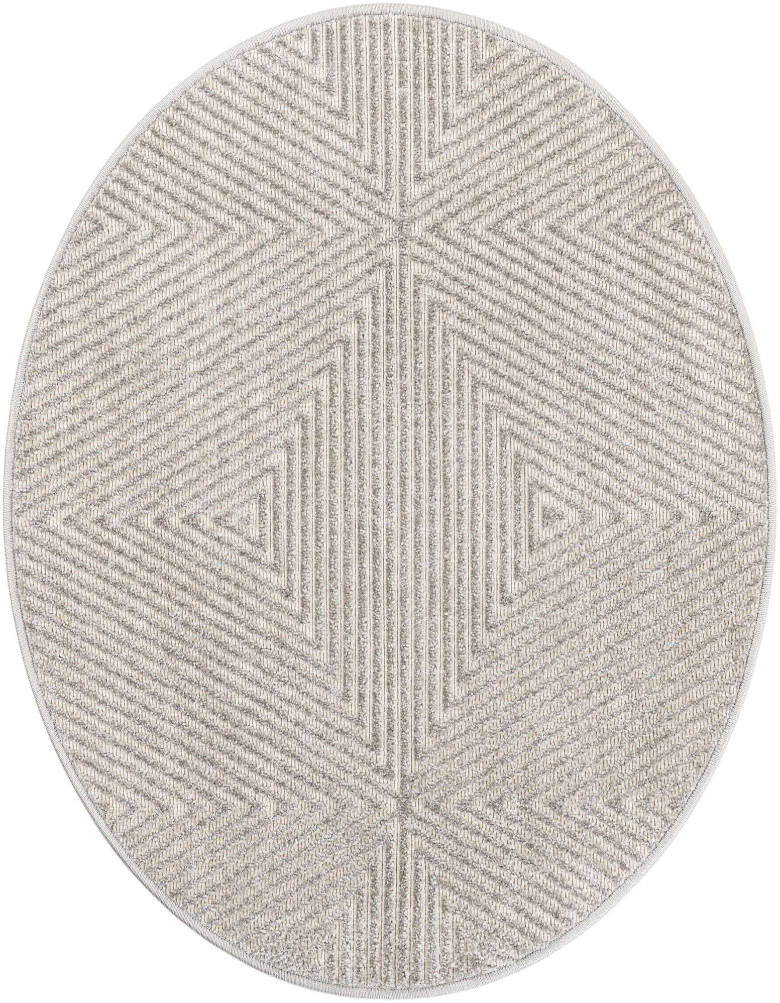 A 3' round gray modern rug with a textured geometric pattern of interlocking triangles and lines, suitable for indoor or outdoor use.