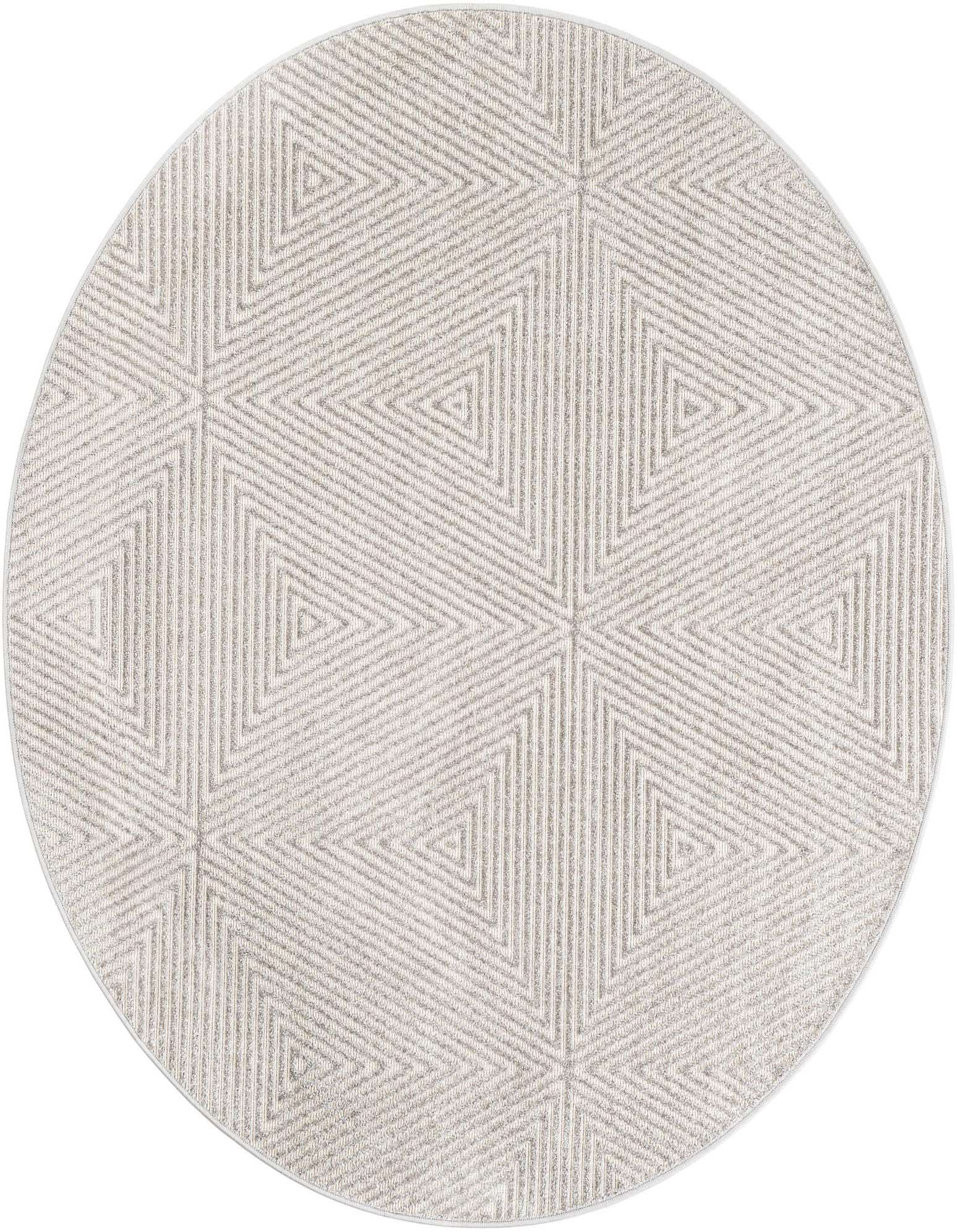 A 5' round gray modern rug with a subtle geometric striped triangle pattern, suitable for indoor or outdoor use.