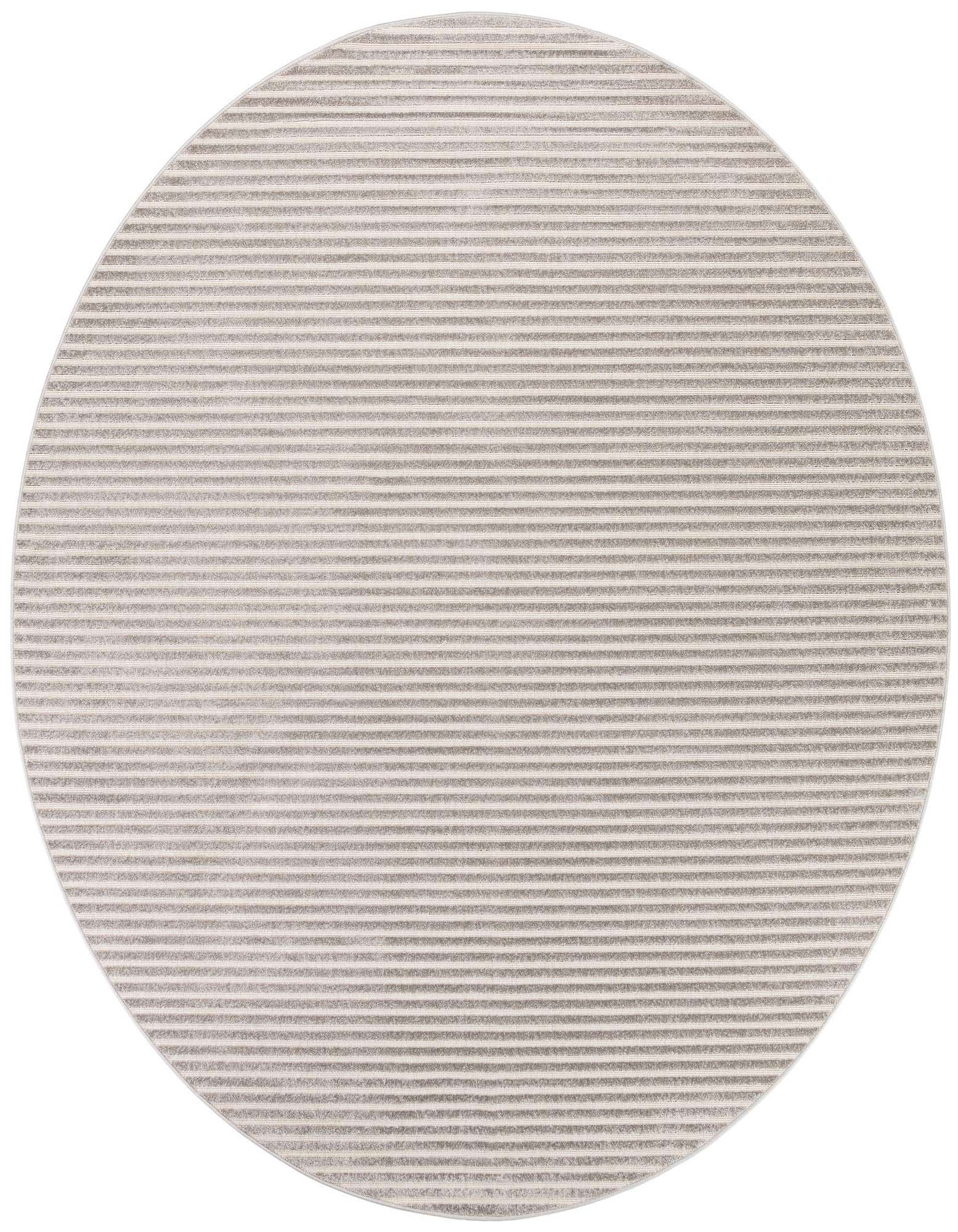A 10-foot round gray modern striped rug with a textured medium pile, suitable for indoor or outdoor use.