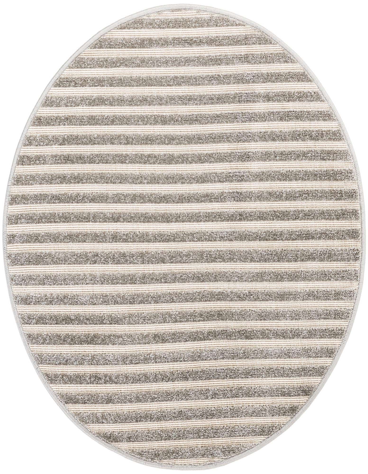 A 3' round gray and silver striped modern rug, perfect for indoor or outdoor spaces like a patio.