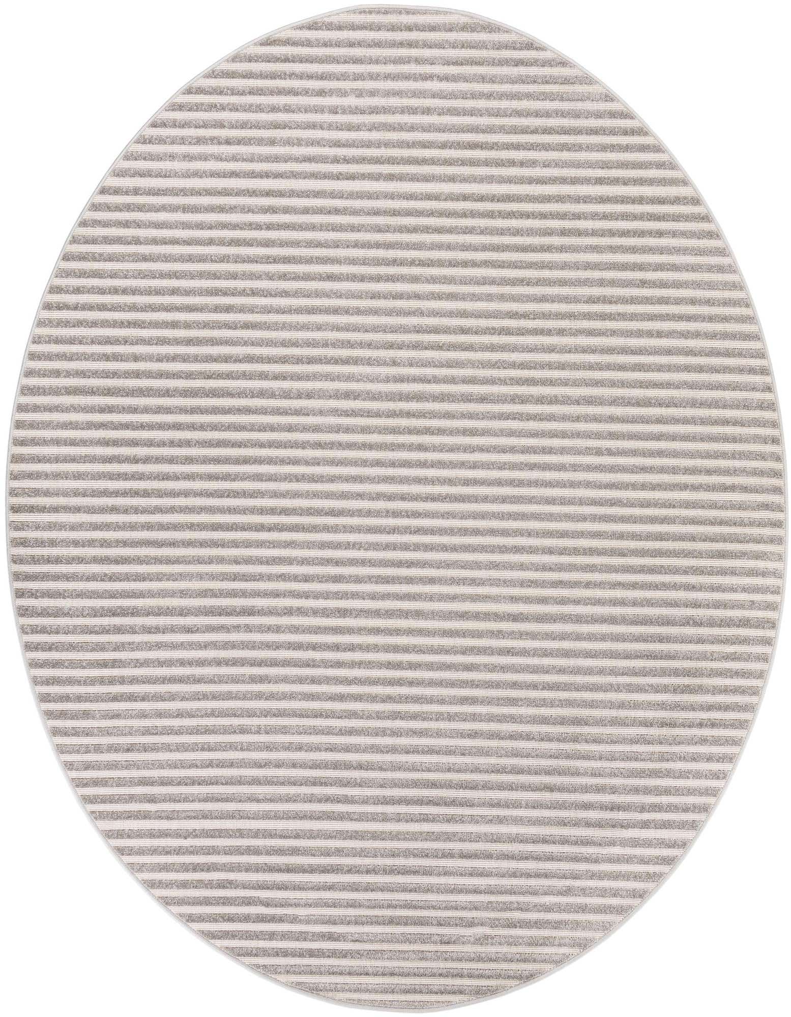 A 7' 10" round gray modern outdoor rug with horizontal stripes, suitable for a patio or deck.