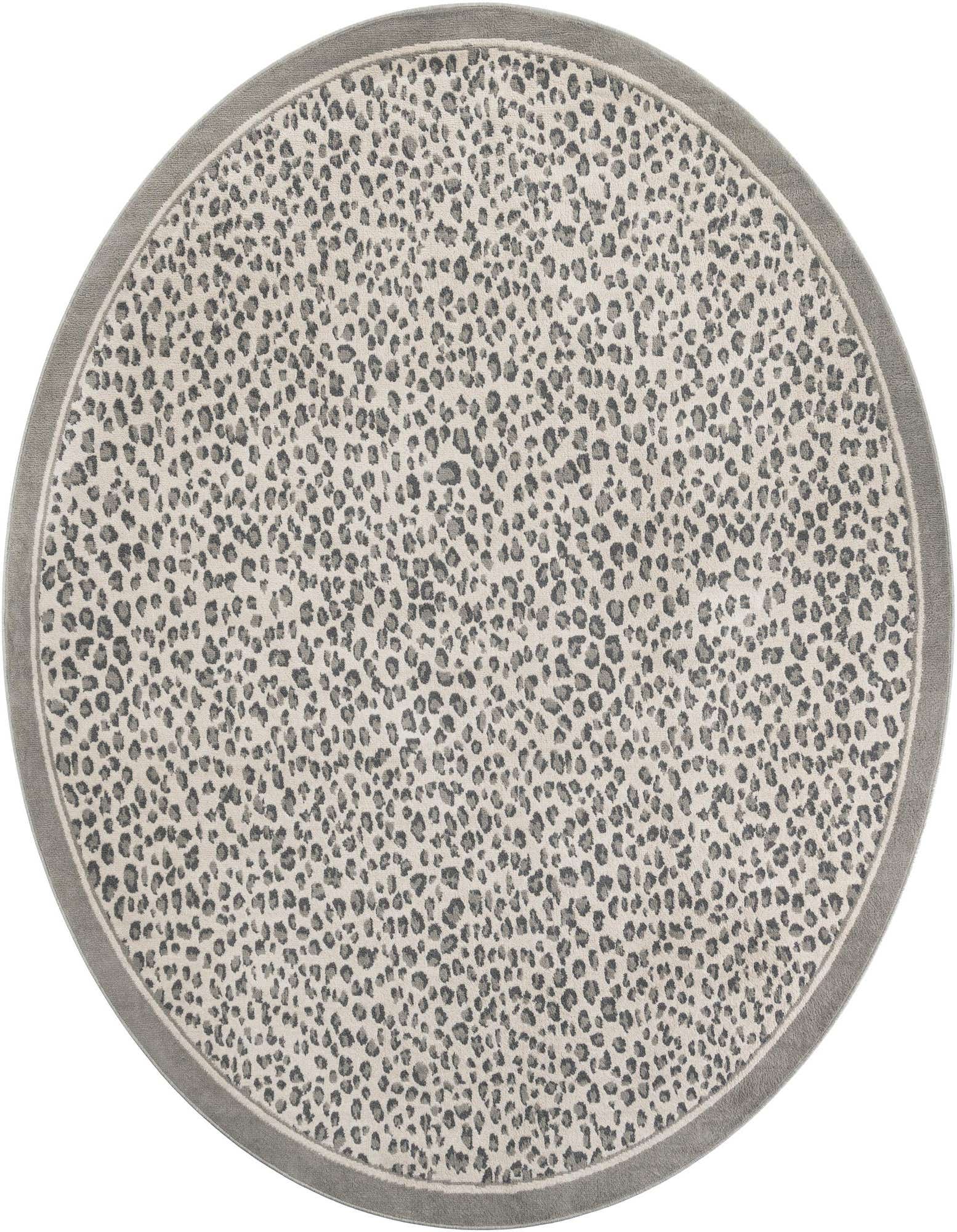 A 10-foot round gray modern area rug featuring a subtle leopard print pattern and a solid gray border.