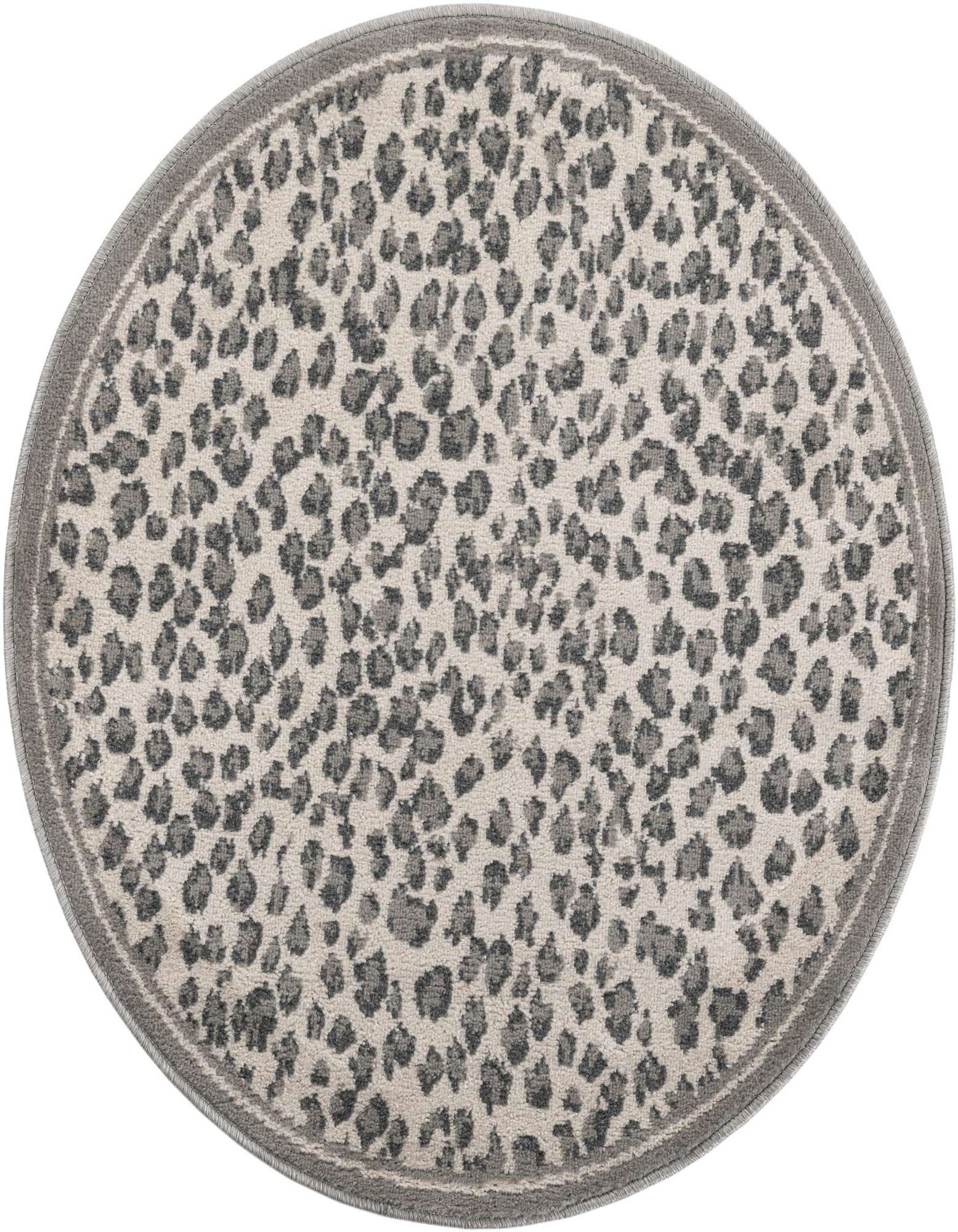 A 3' round gray modern area rug with a subtle leopard spot pattern and a solid gray border.