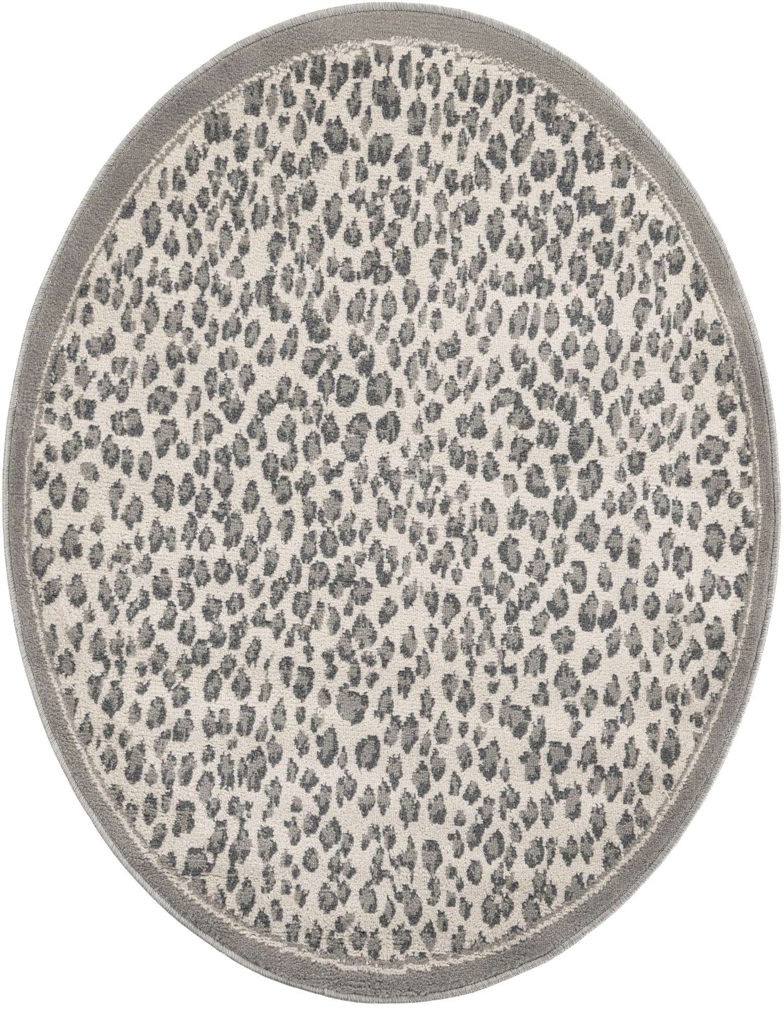 A round 4' gray and silver modern rug with a subtle leopard print pattern and a solid gray border.