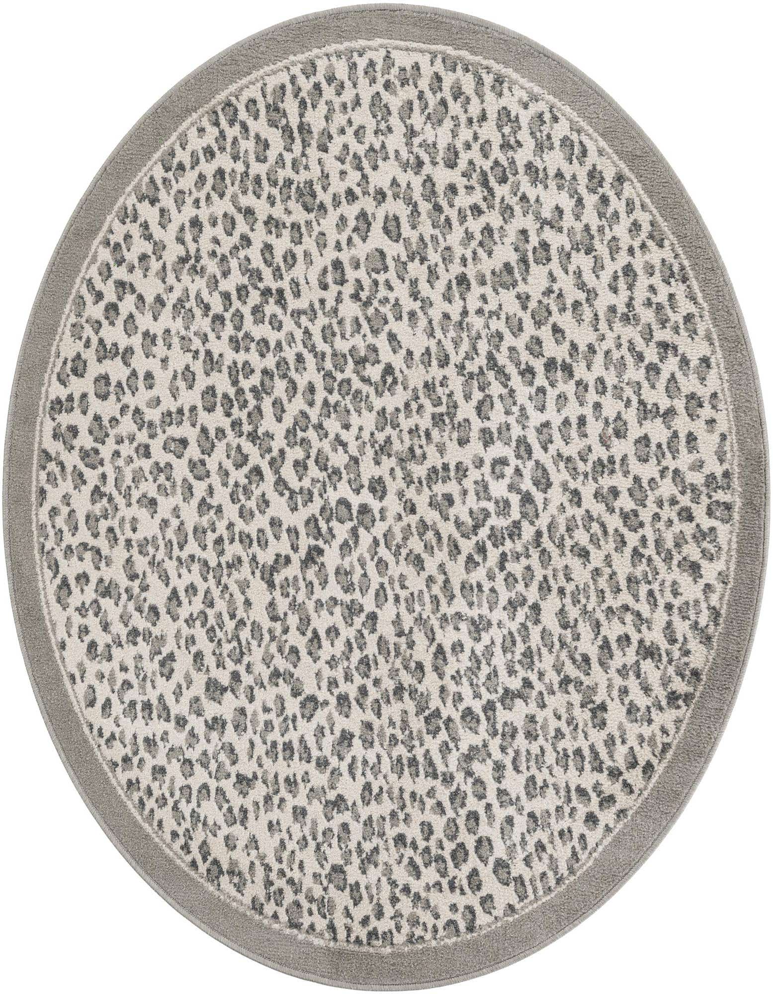 A 5' 0 x 5' 0 round gray modern rug with a subtle leopard print pattern and a solid gray border.