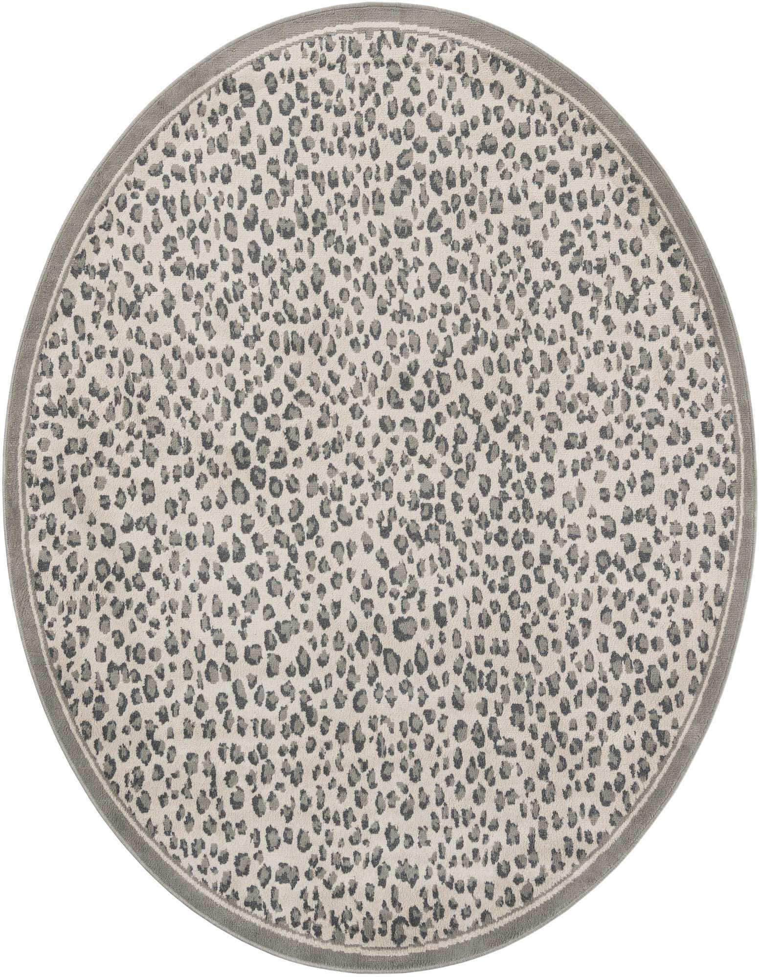 A 7' 10 round gray modern rug with a subtle leopard print pattern and a solid gray border.