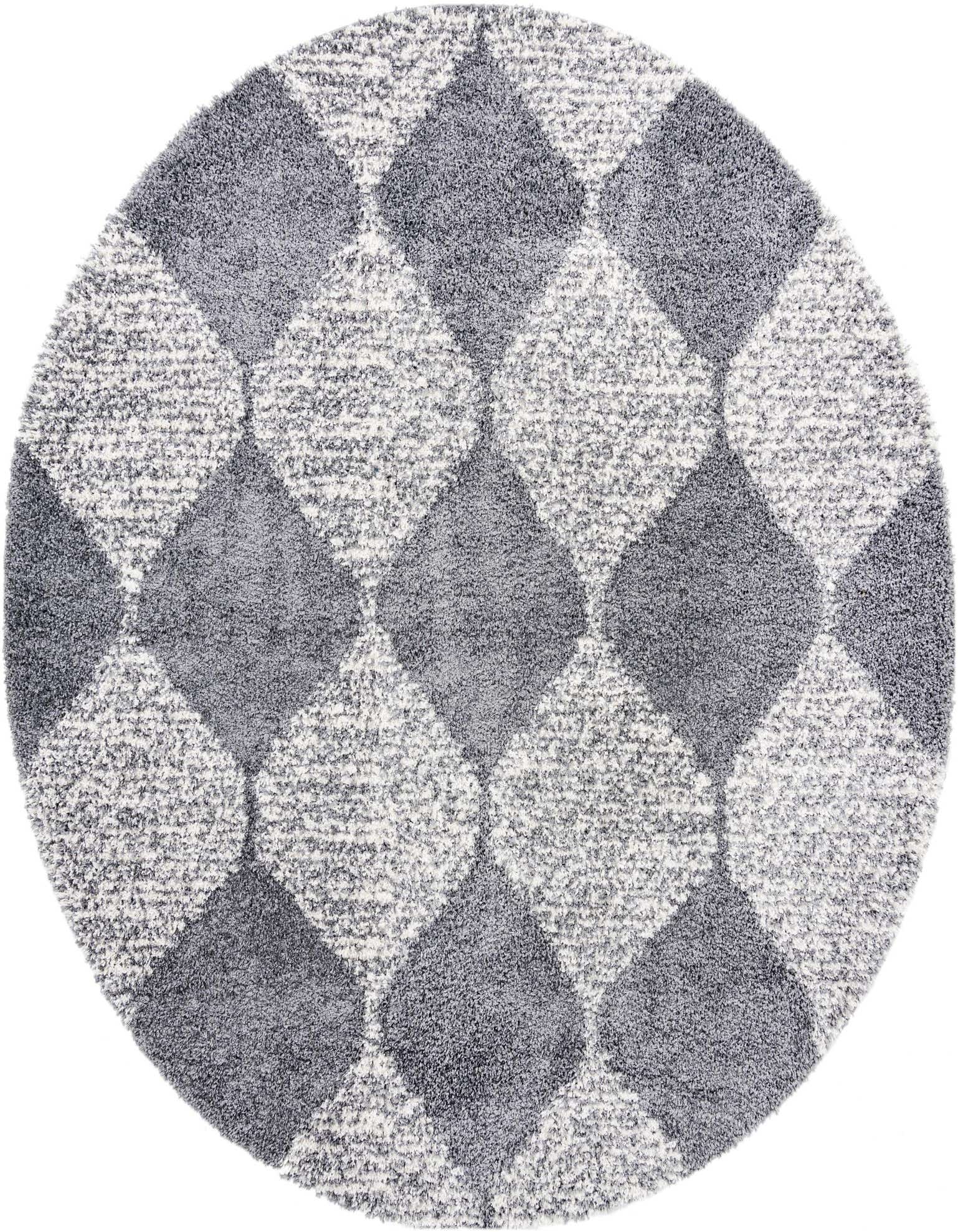A 10-foot round gray shag rug with a modern trellis pattern, featuring alternating light and dark gray diamonds.