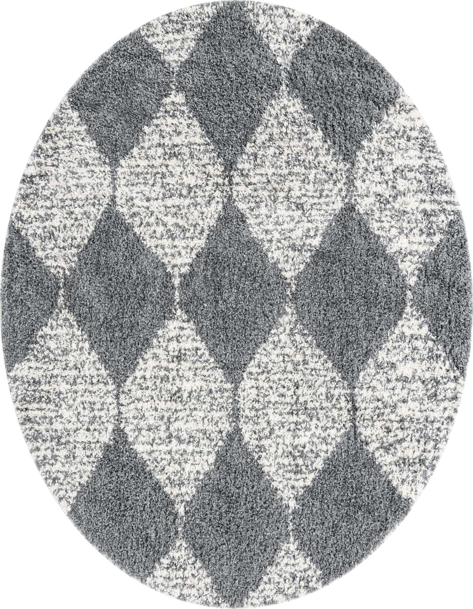 A round Serenity Shag rug with a modern gray and silver trellis pattern, featuring a textured, high pile.