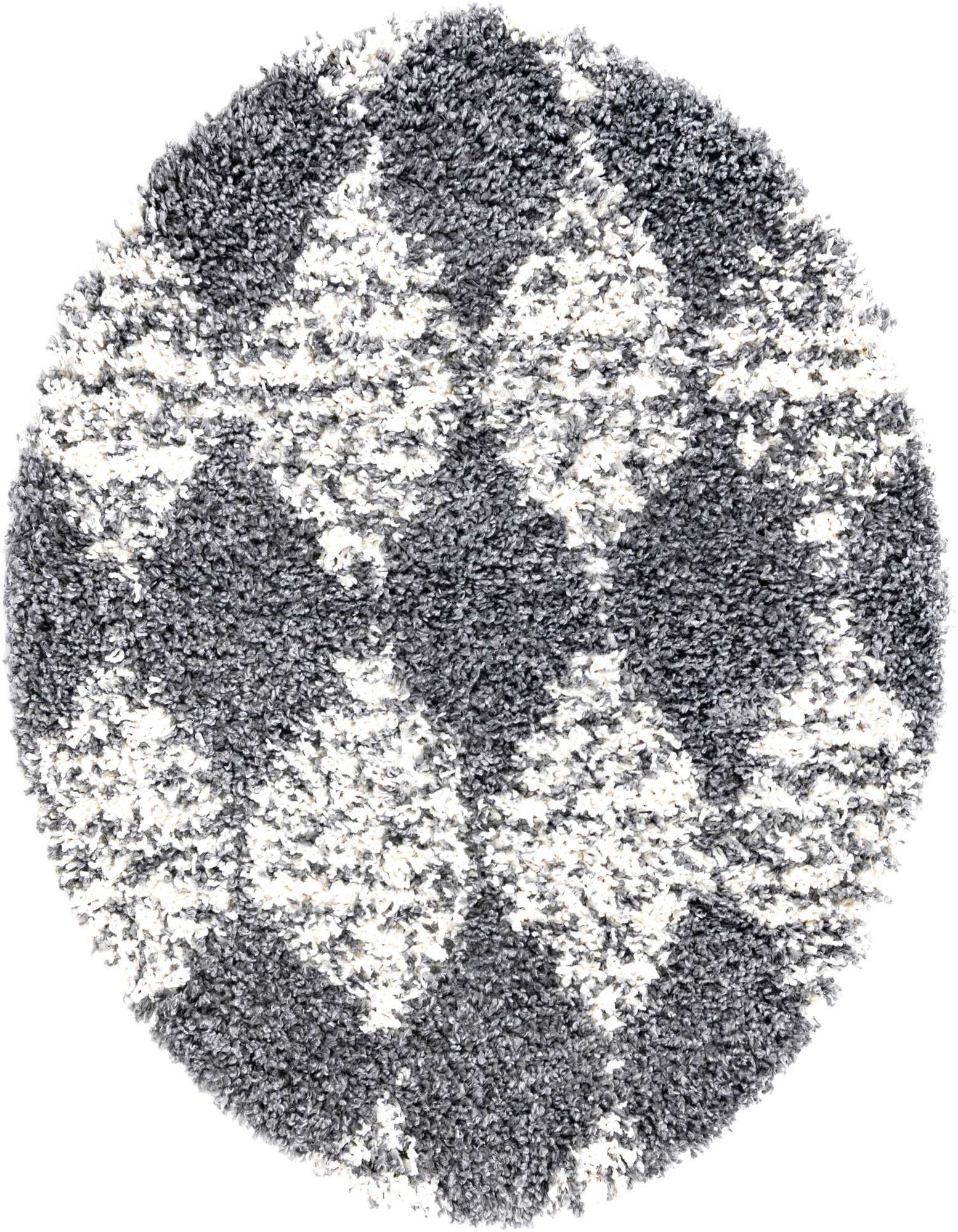 A round 3' 3 x 3' 3 Serenity Shag rug with a modern gray and white trellis pattern, featuring a plush, textured pile.