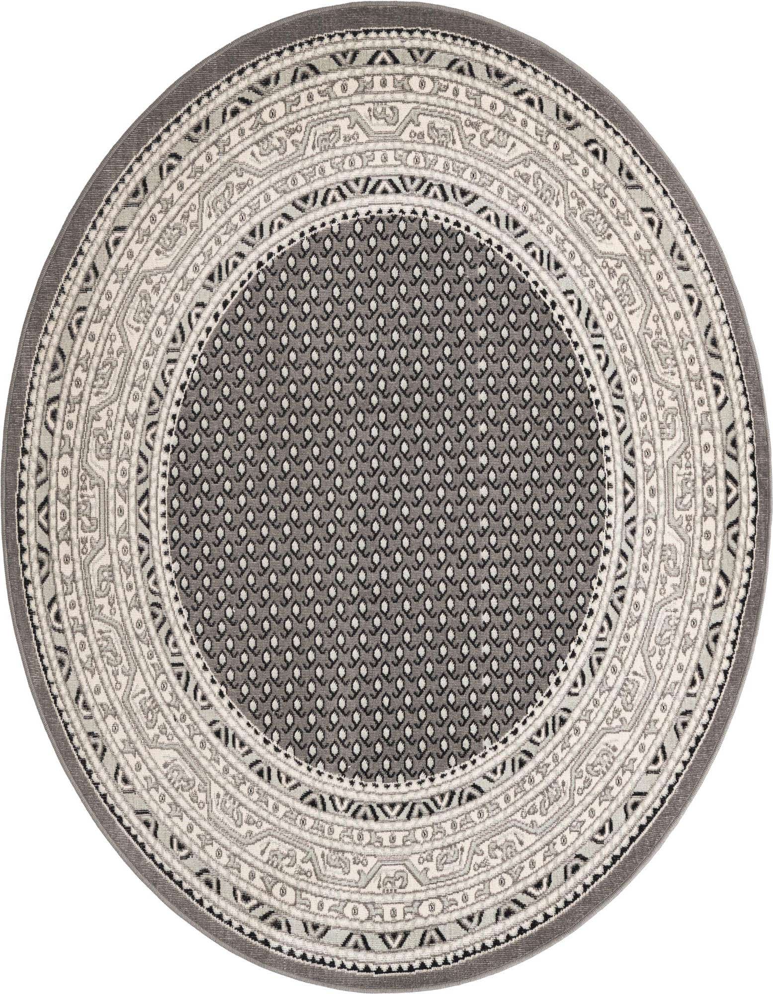 A 6' 1 round gray transitional rug with a central geometric pattern and Southwestern-inspired borders.