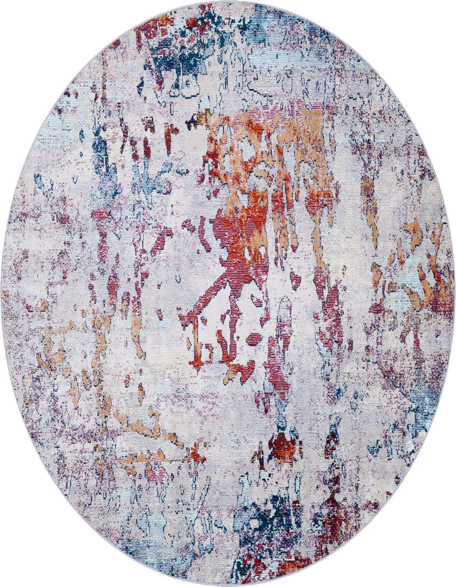 A 7' round gray rug with an abstract, distressed pattern in shades of red, orange, and blue, adding modern flair.