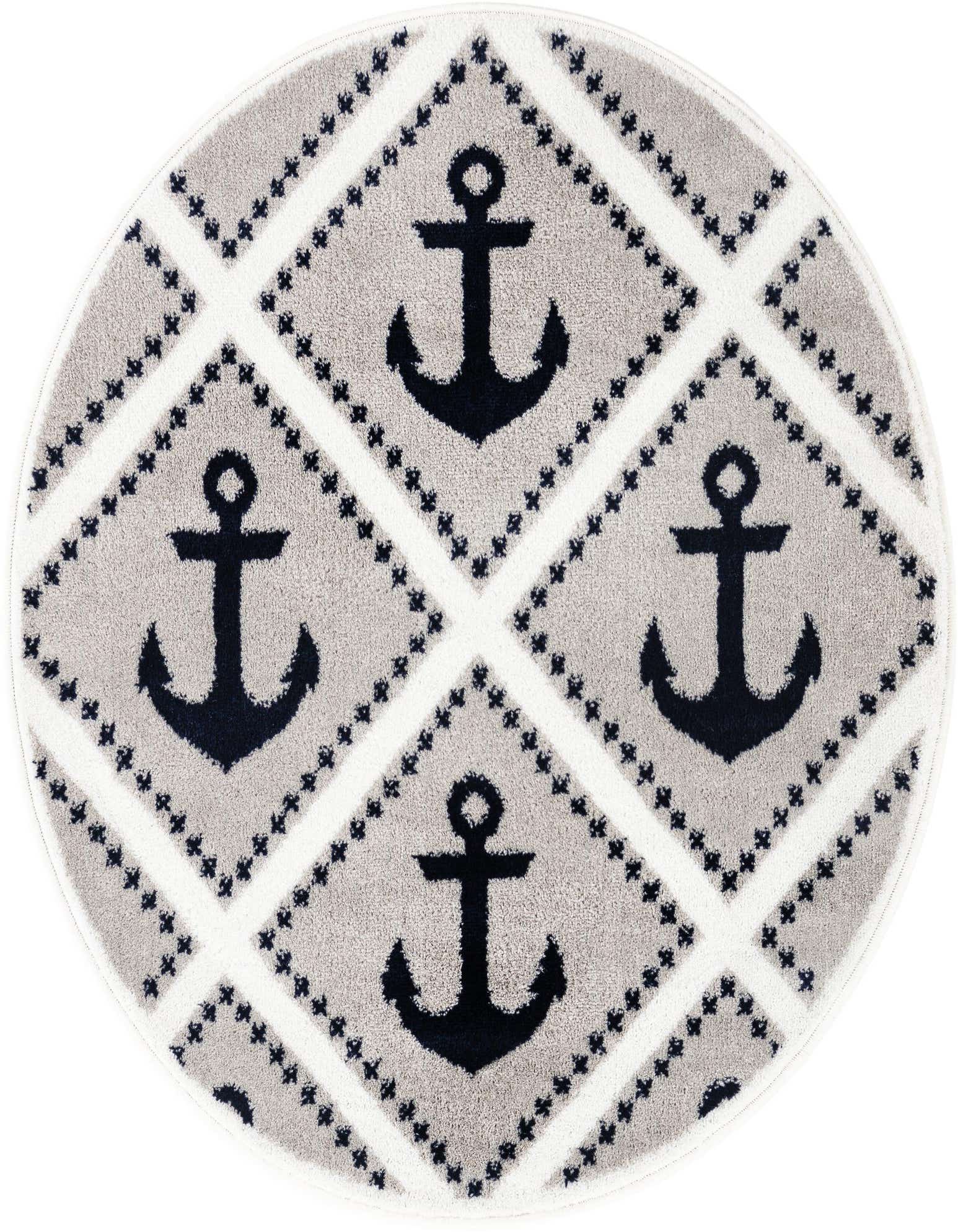 Round gray rug with a white lattice pattern and navy blue anchors in each diamond, perfect for a child's room.