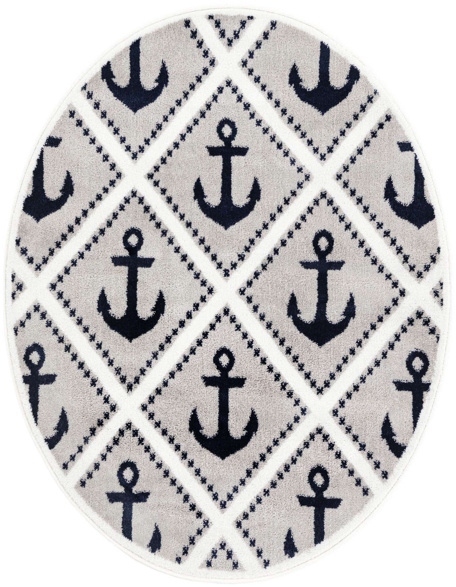 A 4' 1 round gray rug with a repeating pattern of dark blue anchors within white diamond shapes, bordered by small blue dots.