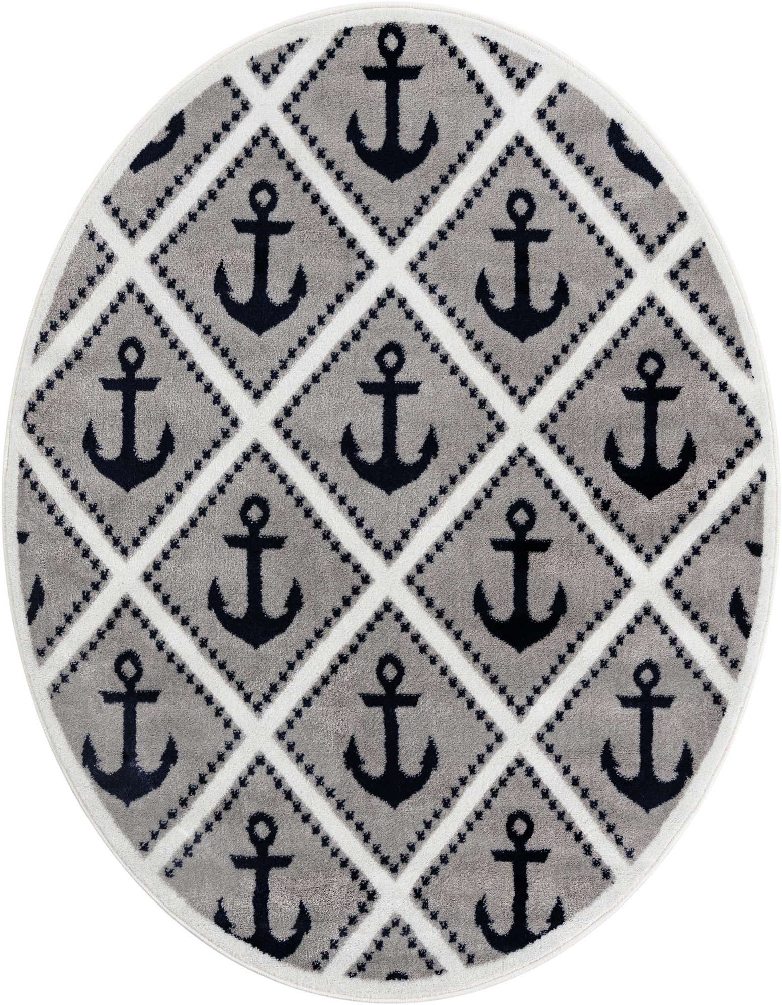 Round gray rug with a repeating pattern of dark gray anchors inside white diamond outlines, set against a light gray background.