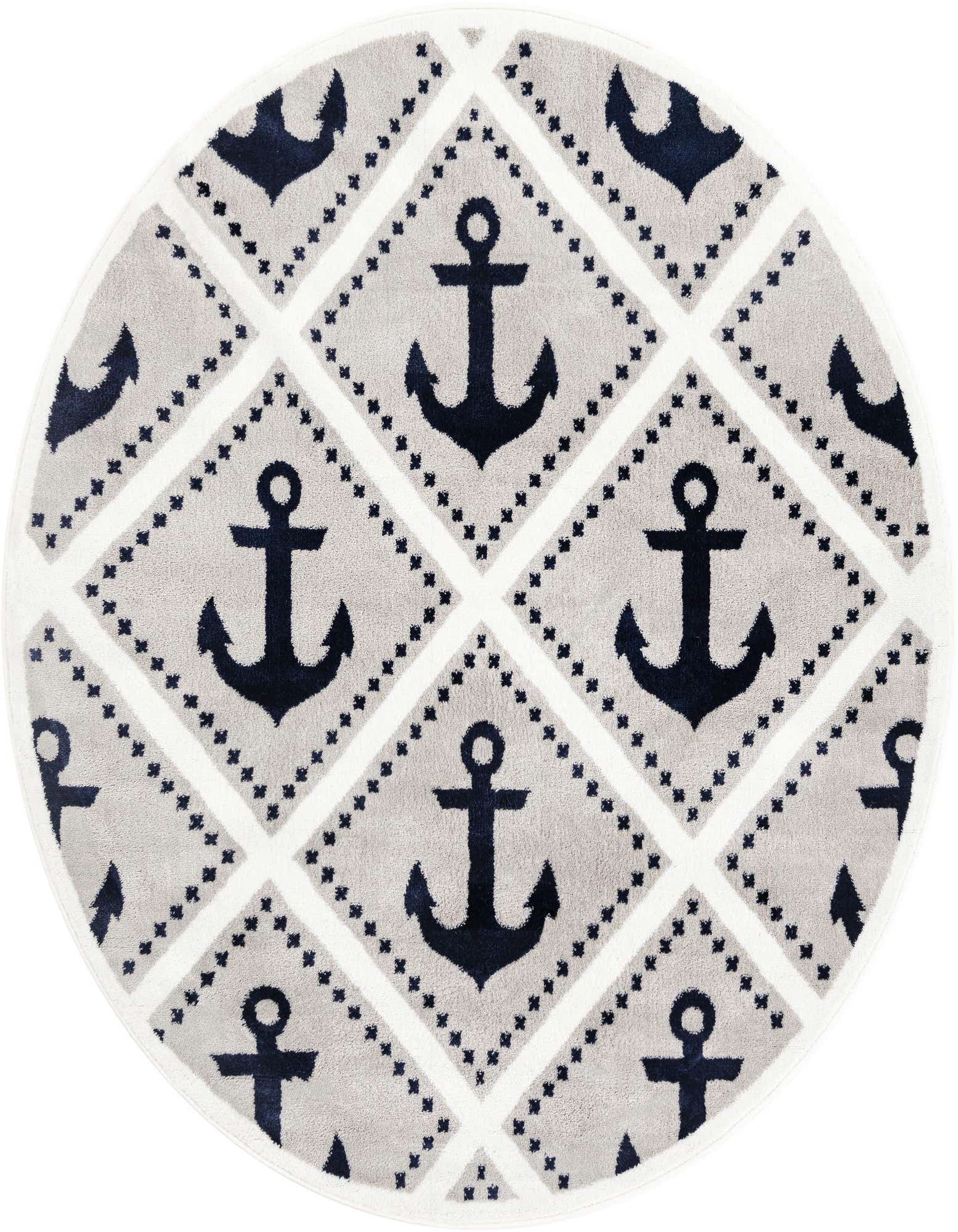 A round 6' 0 x 6' 0 gray rug with a white grid pattern, featuring navy blue anchors and small star accents, ideal for a child's room.