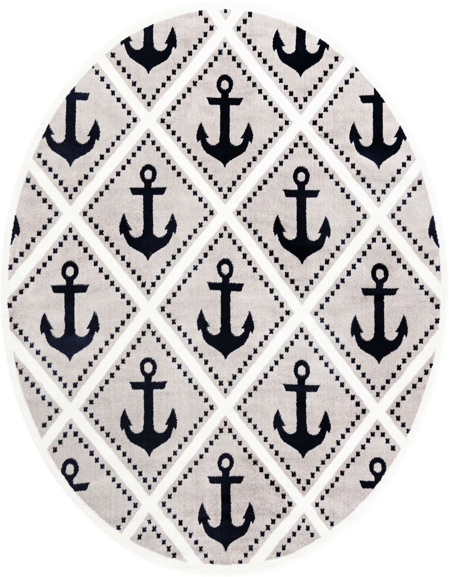 A round gray and white rug with a repeating pattern of dark gray anchors inside diamond shapes, perfect for a modern nautical-themed room.