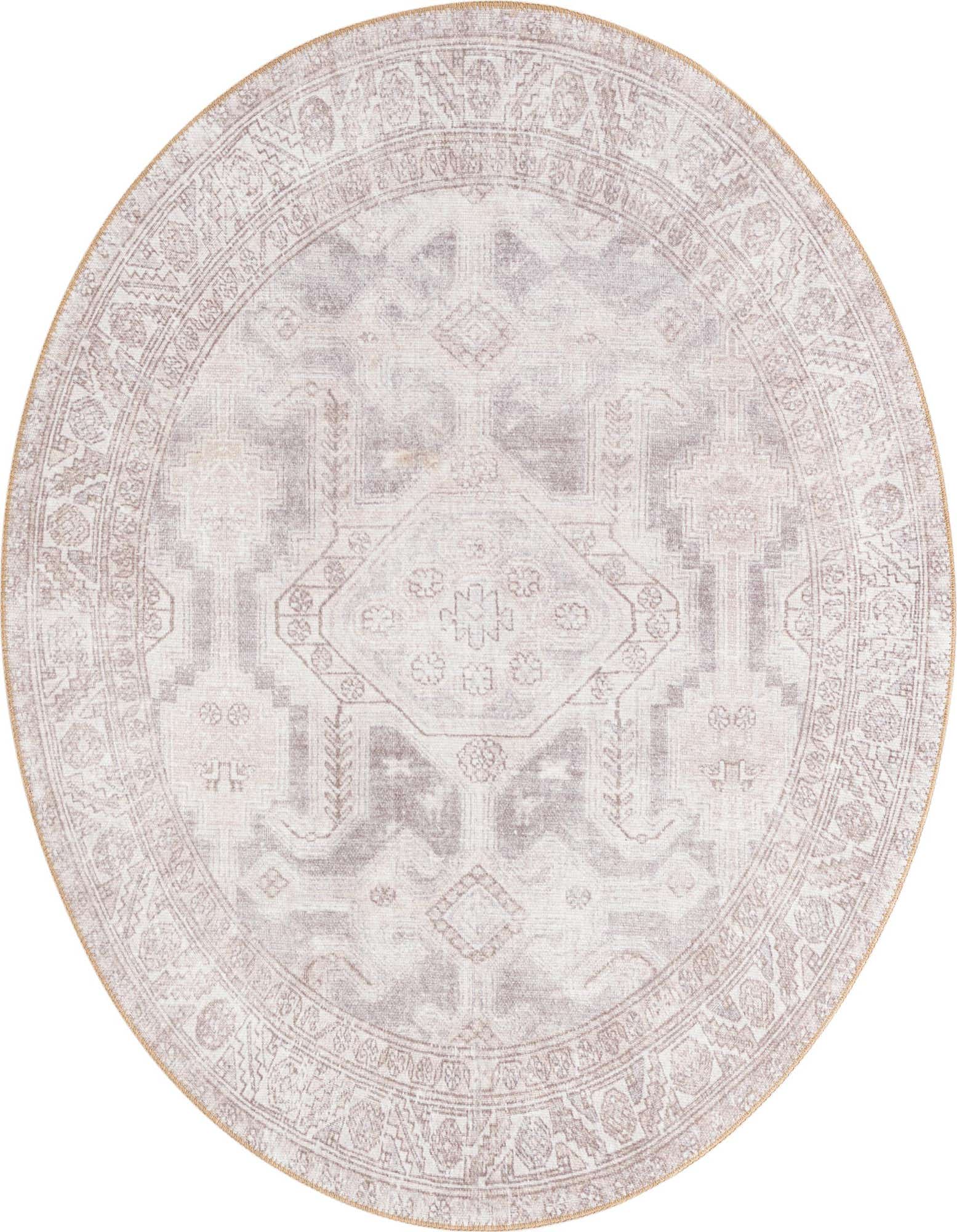 A 5' round gray rug with an intricate medallion and border pattern, featuring a textured flatweave.