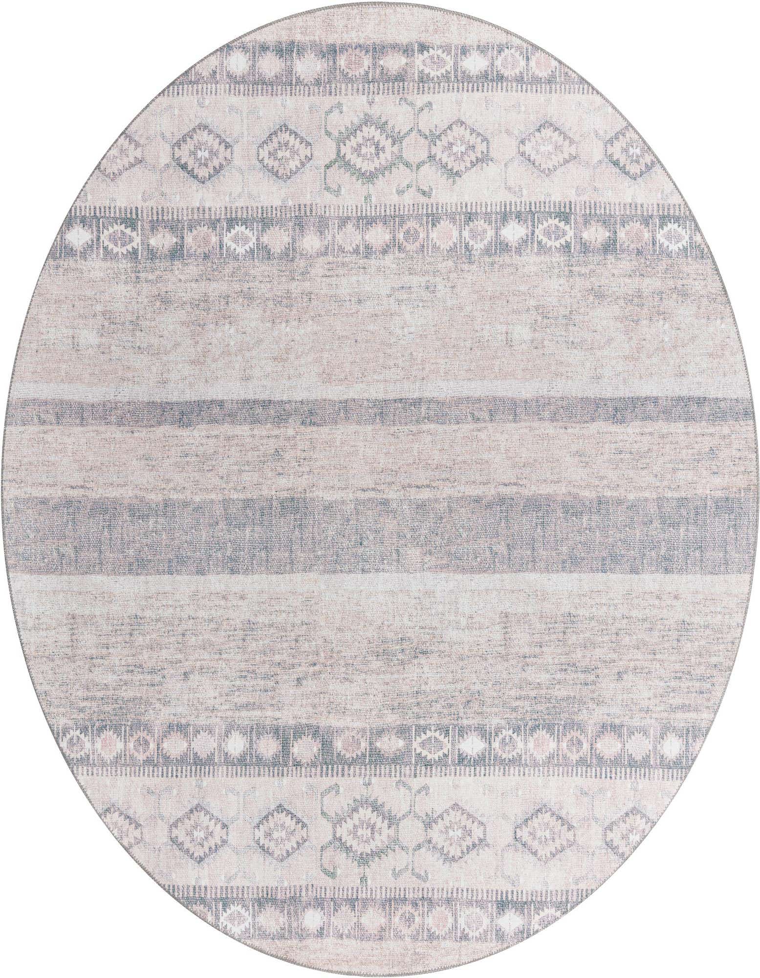 A 7' 6 round gray transitional rug with tribal and stripe patterns, featuring a flatweave texture.
