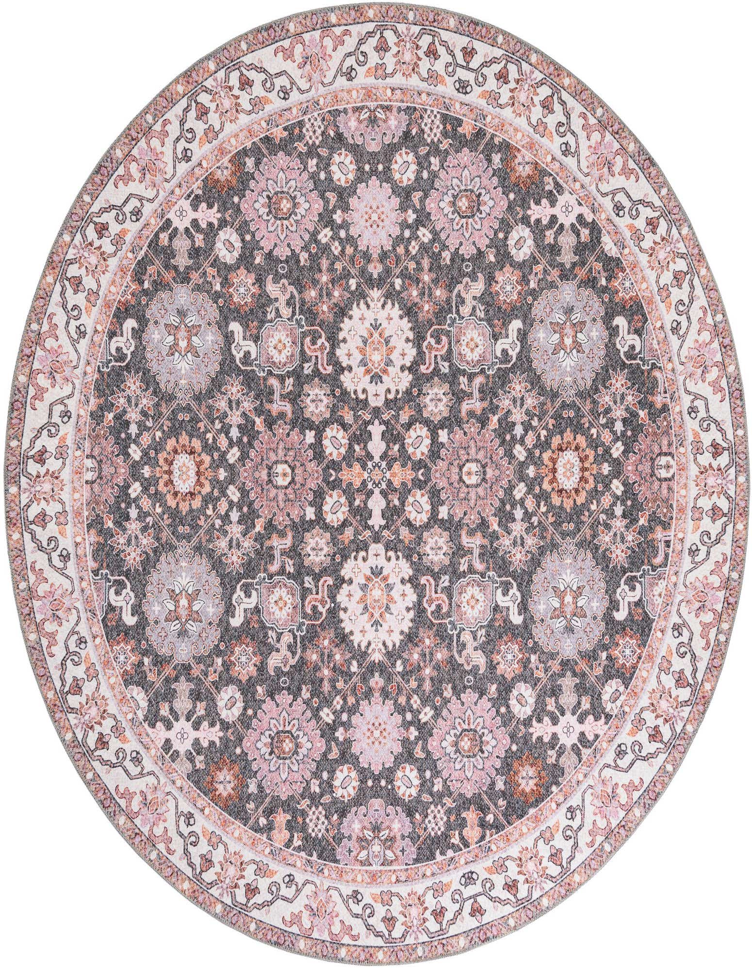 A round 7' 10 x 7' 10 gray oriental rug with intricate pink, white, and orange medallion and floral patterns.