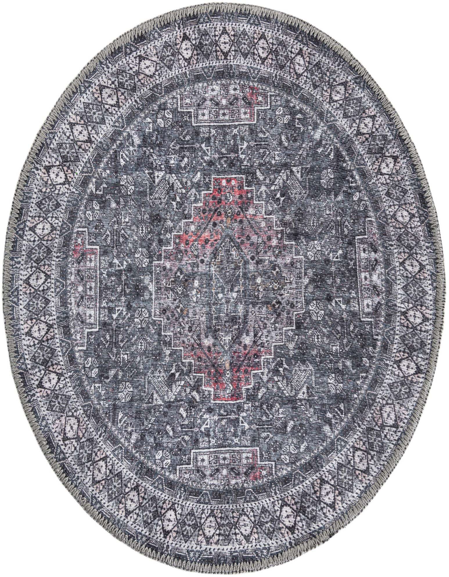 A 2' round gray and silver rug with a distressed traditional medallion pattern and a touch of red in the center.